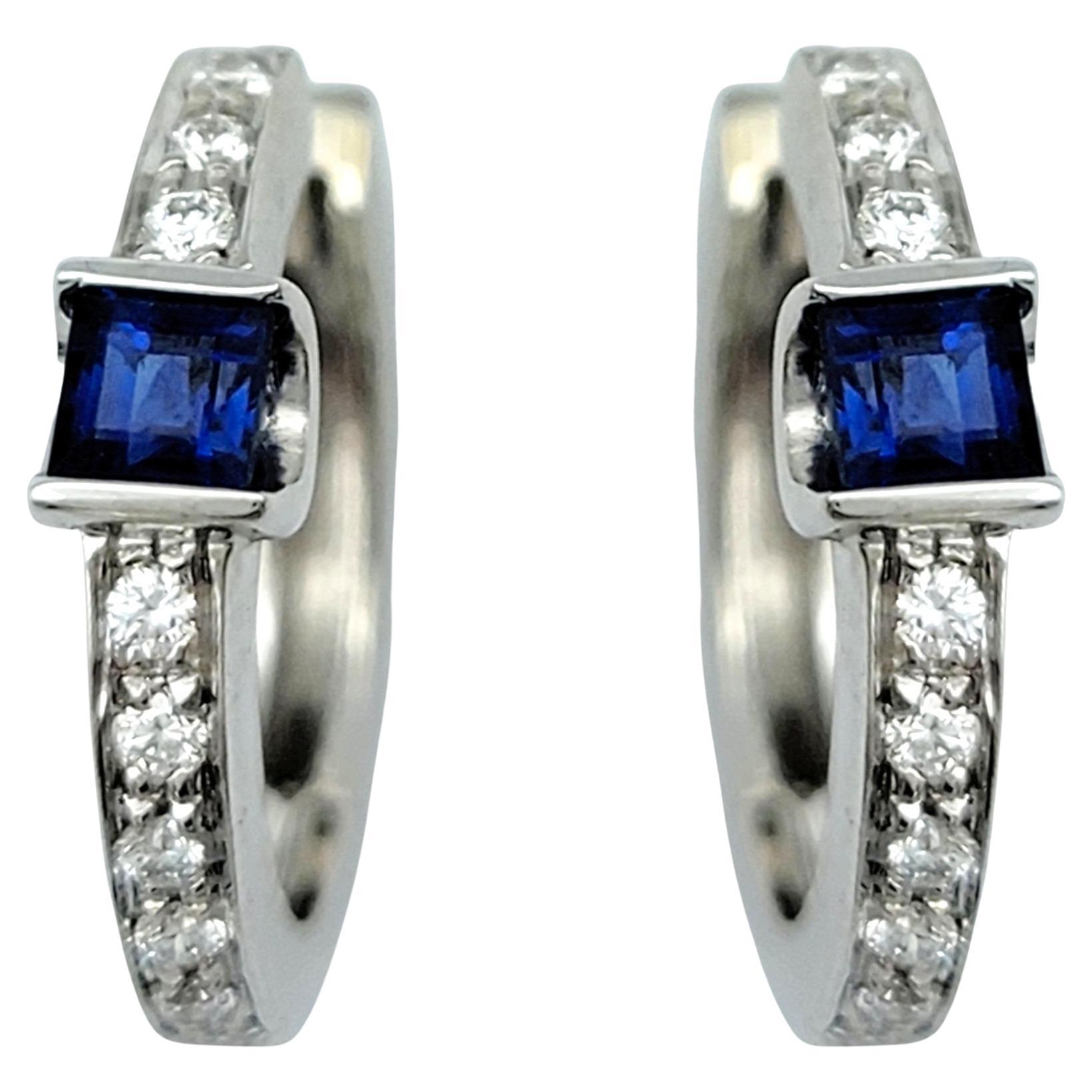 Contemporary Spark Creations Diamond and Blue Sapphire Huggie Hoops in 18 Karat White Gold