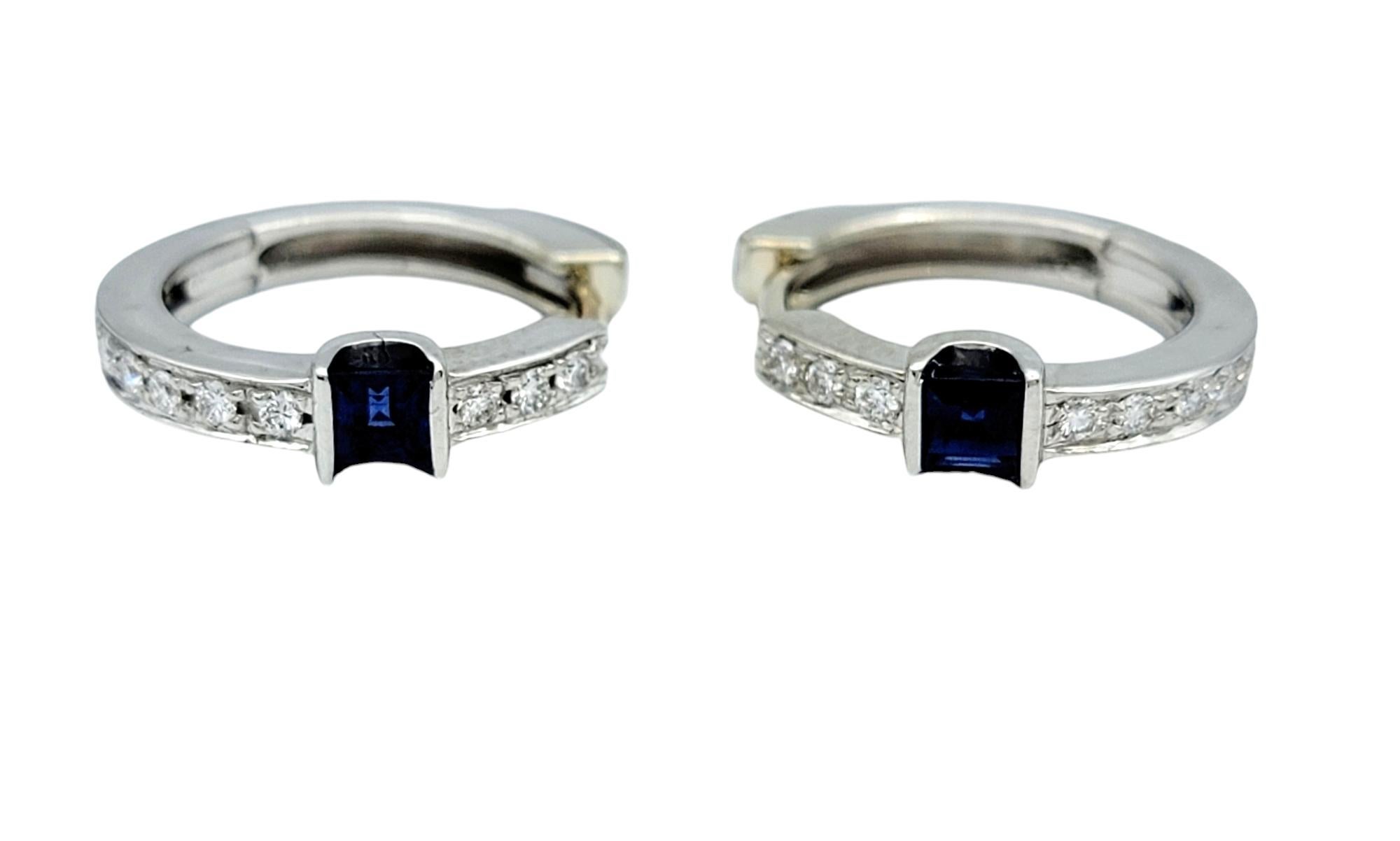 Square Cut Spark Creations Diamond and Blue Sapphire Huggie Hoops in 18 Karat White Gold