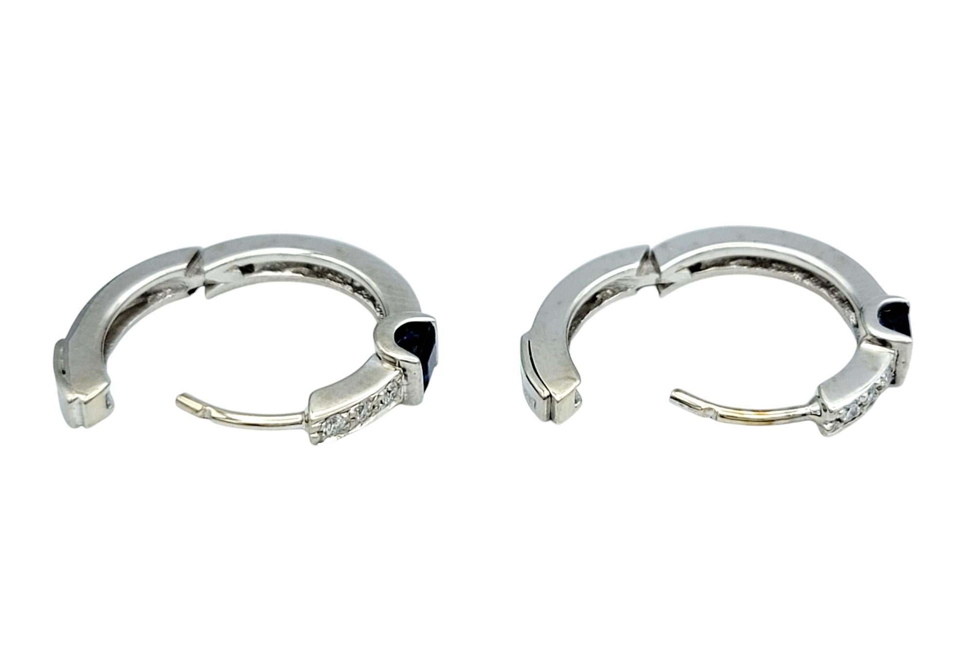 Spark Creations Diamond and Blue Sapphire Huggie Hoops in 18 Karat White Gold In Good Condition In Scottsdale, AZ