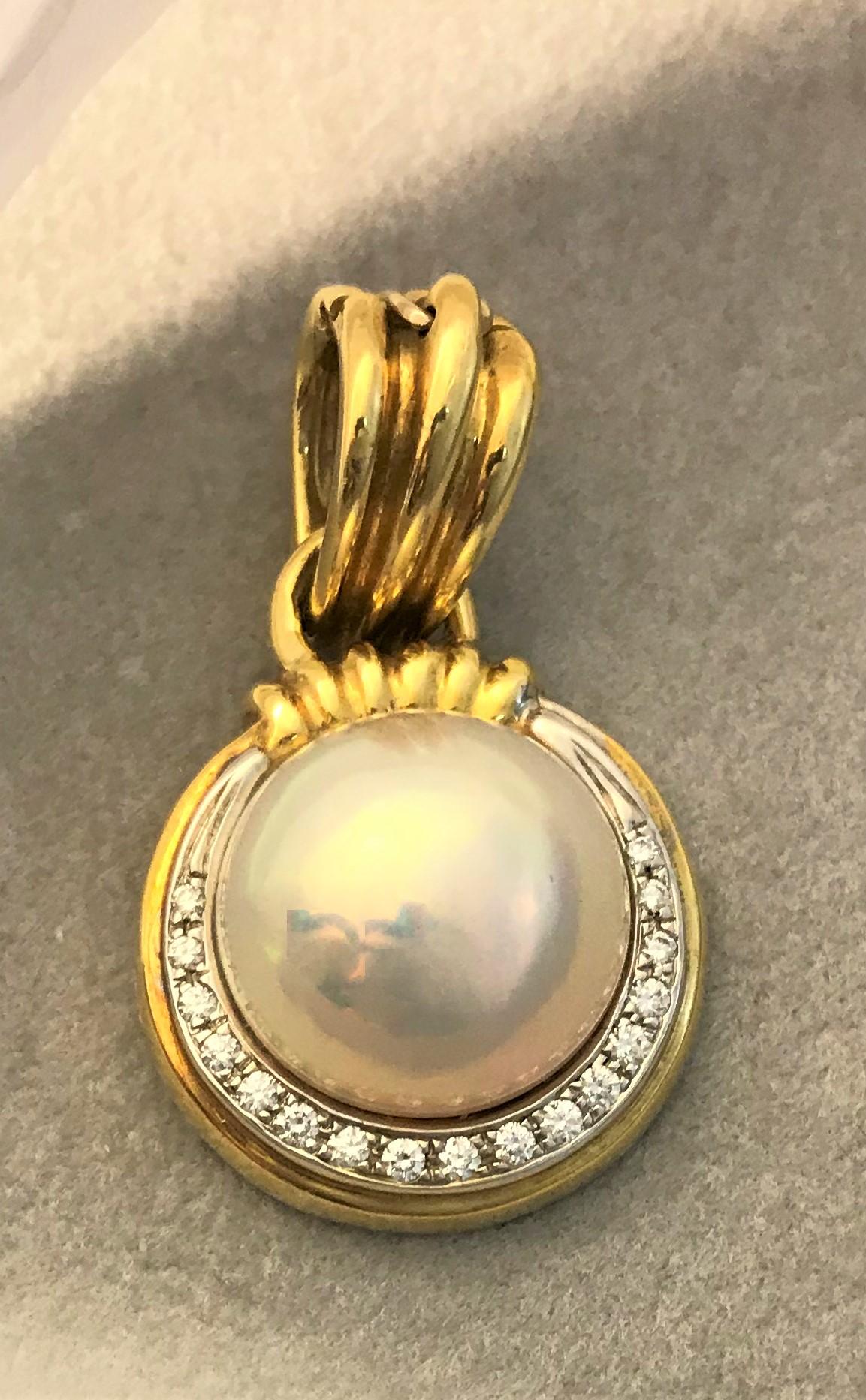 Women's or Men's Spark Creations Mabe Pearl and Diamond 18 Karat Gold Pendant