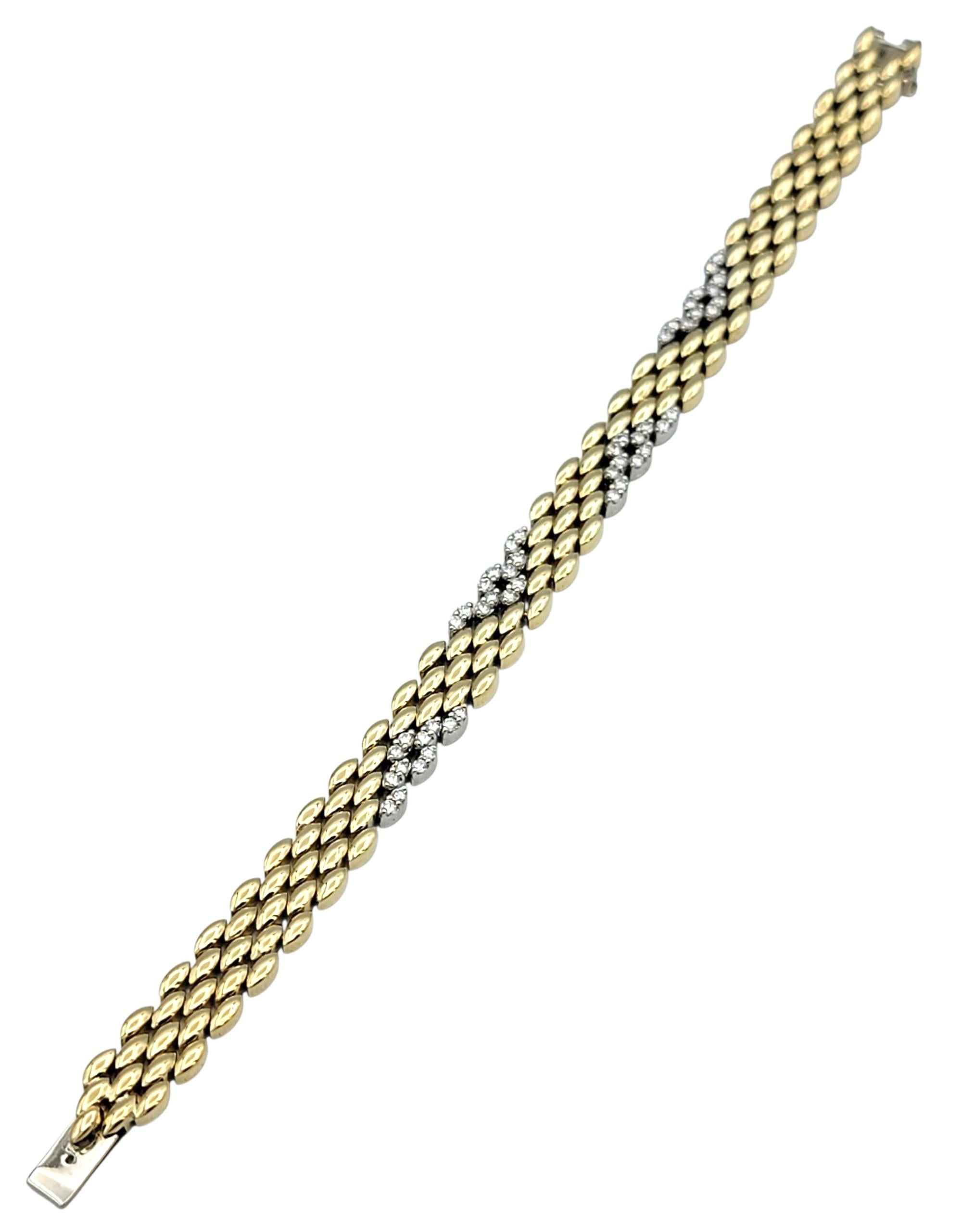 Spark Creations Pulsera de eslabones Pantera bicolor con pavé de diamantes Oro de 14 kilates Corte redondo en venta