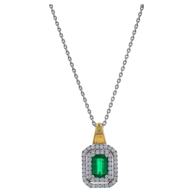 Spark Emerald & Diamond Halo Pendant Necklace 17" White Gold 18k Emerald .79ctw For Sale