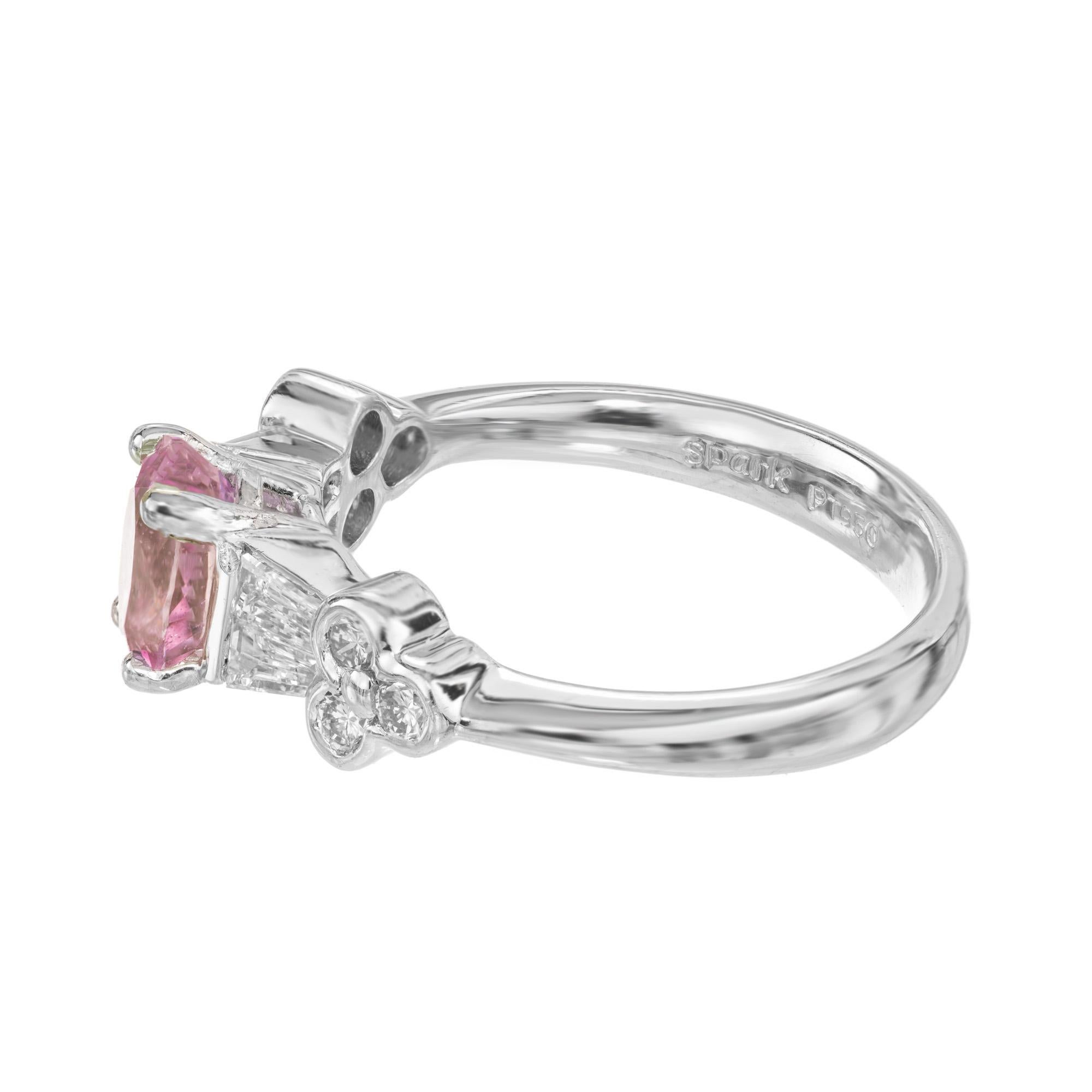 Baguette Cut Spark GIA 1.36 Carat Pink Oval Sapphire Diamond Platinum Engagement Ring For Sale
