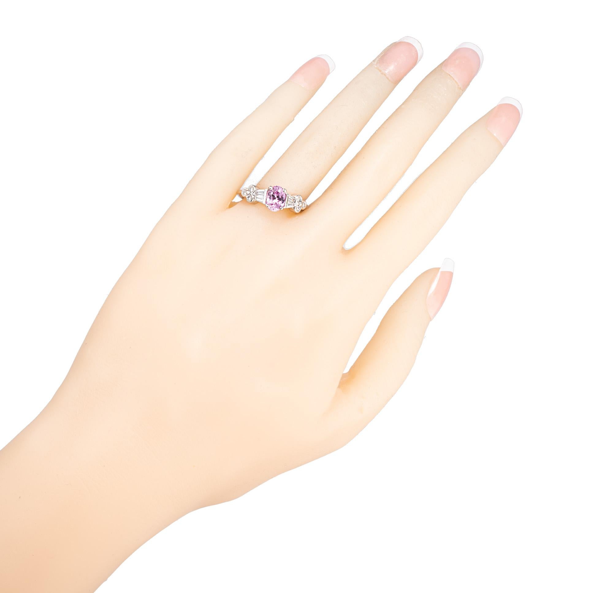 Spark GIA 1.36 Carat Pink Oval Sapphire Diamond Platinum Engagement Ring For Sale 1