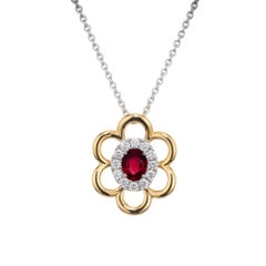 Spark GIA Certified .50 Carat Oval Ruby Diamond Halo Gold Pendant Necklace