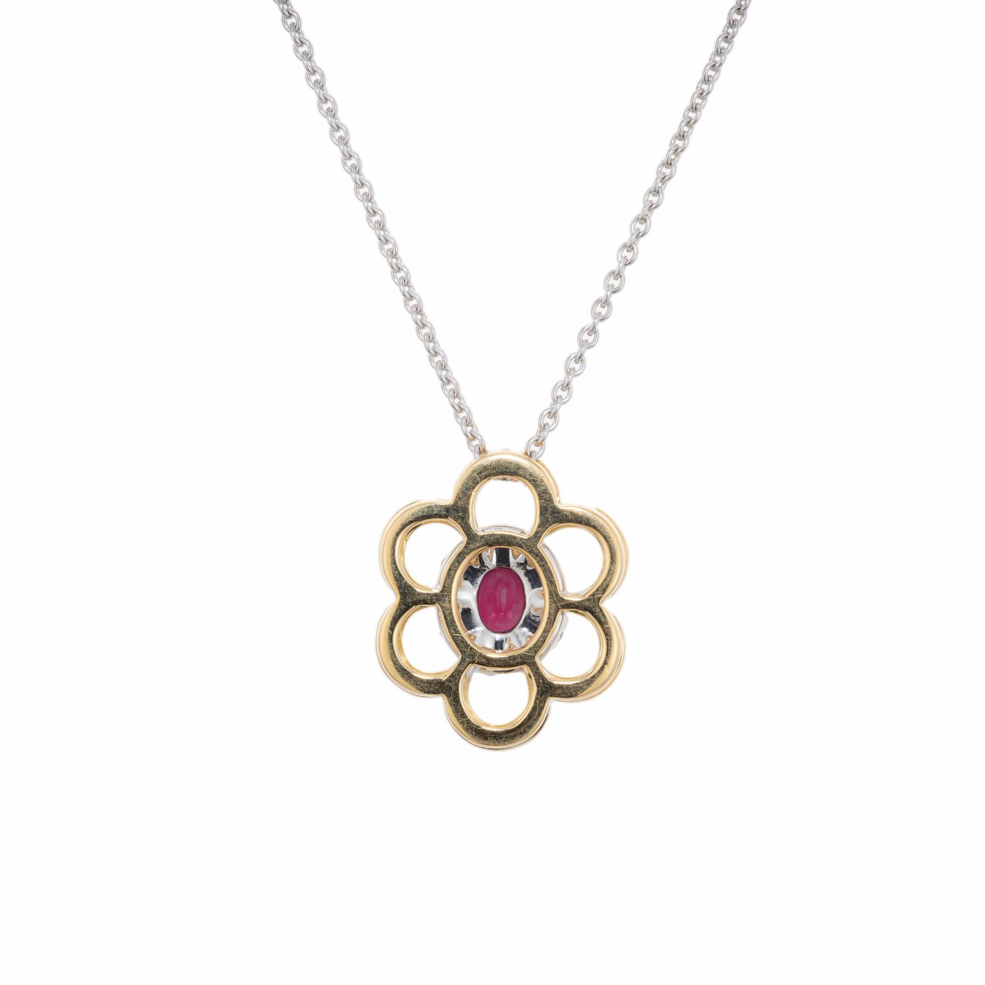 Spark GIA Certified .50 Carat Oval Ruby Diamond Halo Gold Pendant Necklace In Good Condition For Sale In Stamford, CT