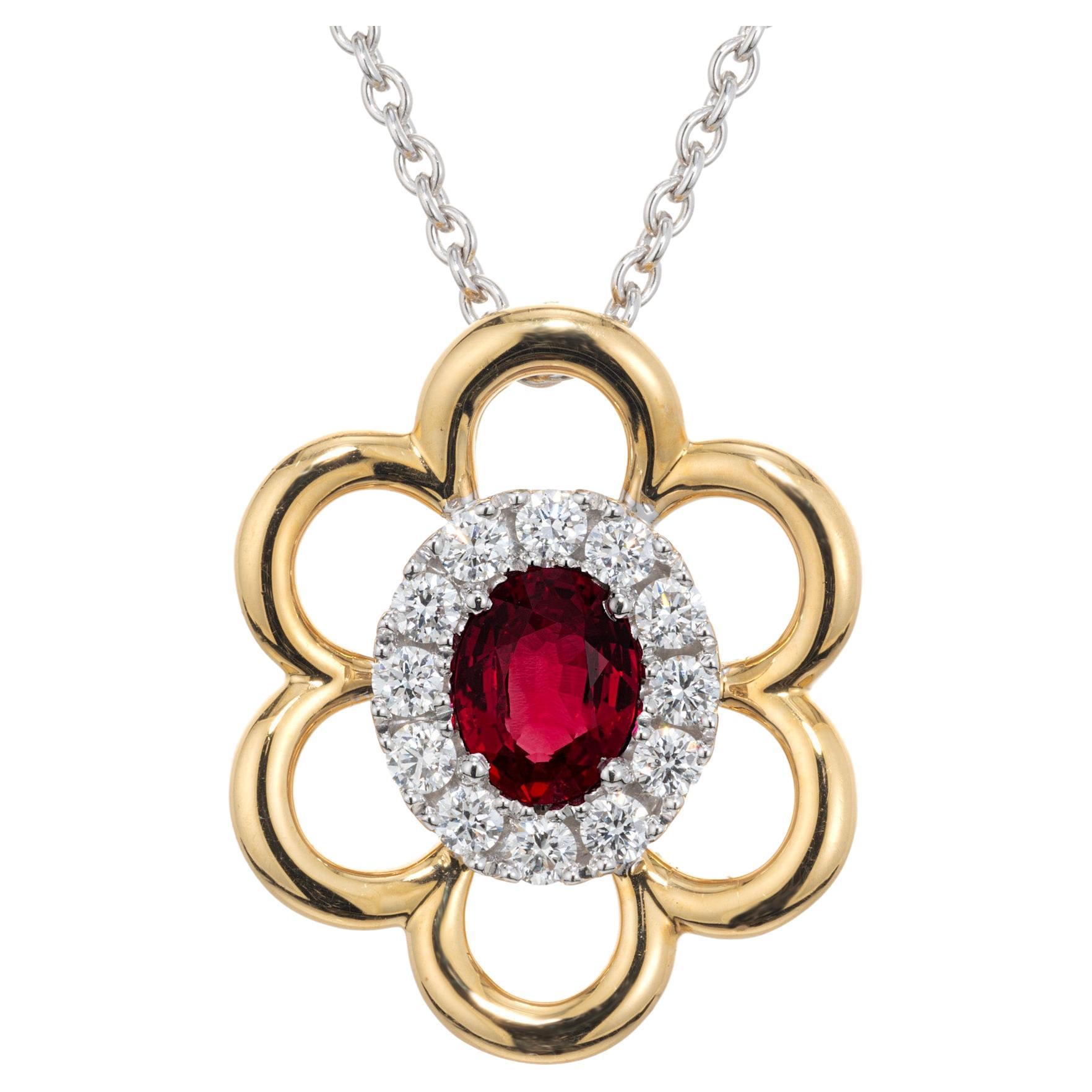 Spark GIA Certified .50 Carat Oval Ruby Diamond Halo Gold Pendant Necklace For Sale
