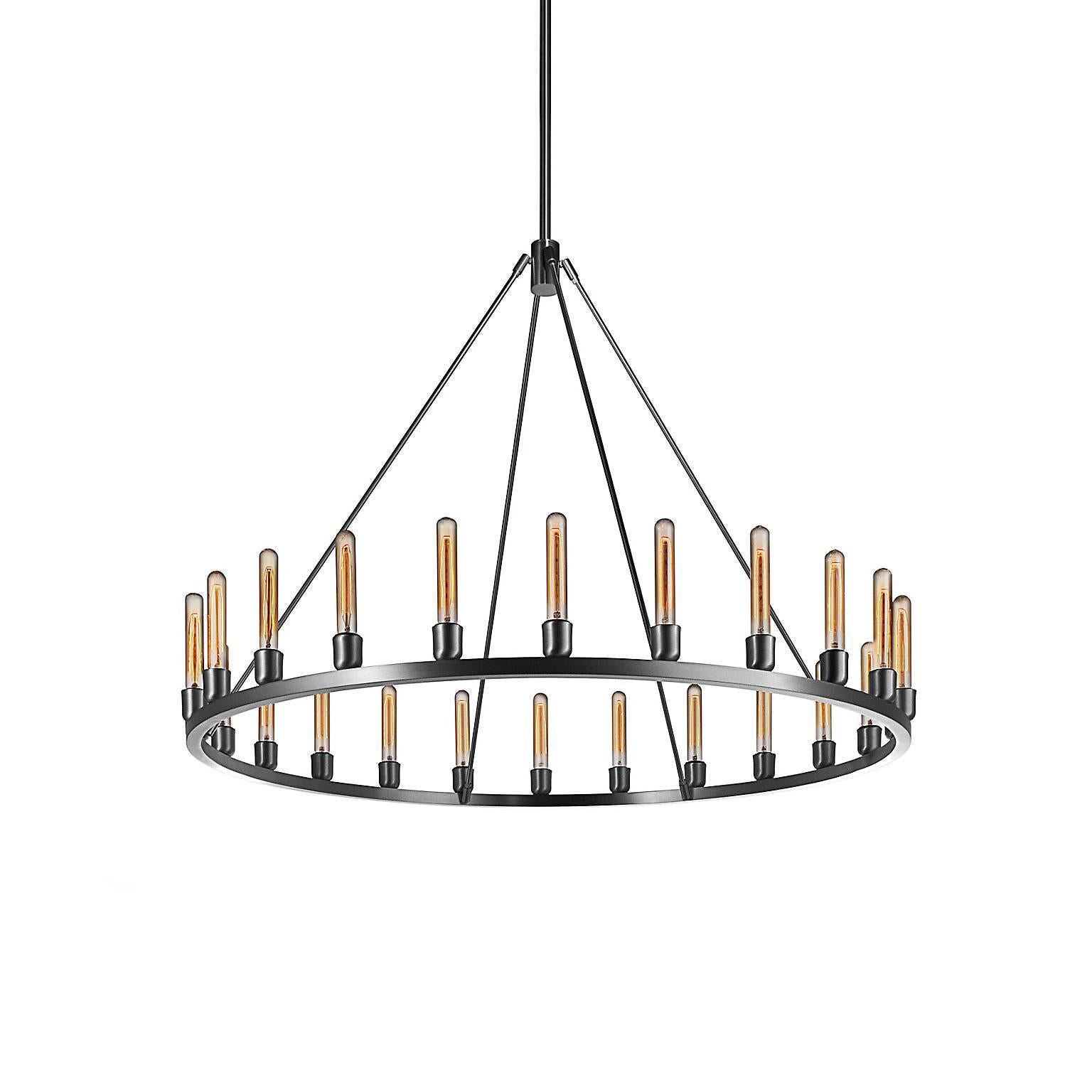 The spark chandelier celebrates minimal design, emphasizing the elegance of exposed bulbs. This chic-meets-industrial fixture creates welcome intrigue in any setting with its assortment of vintage-style lamping options, which can be oriented in