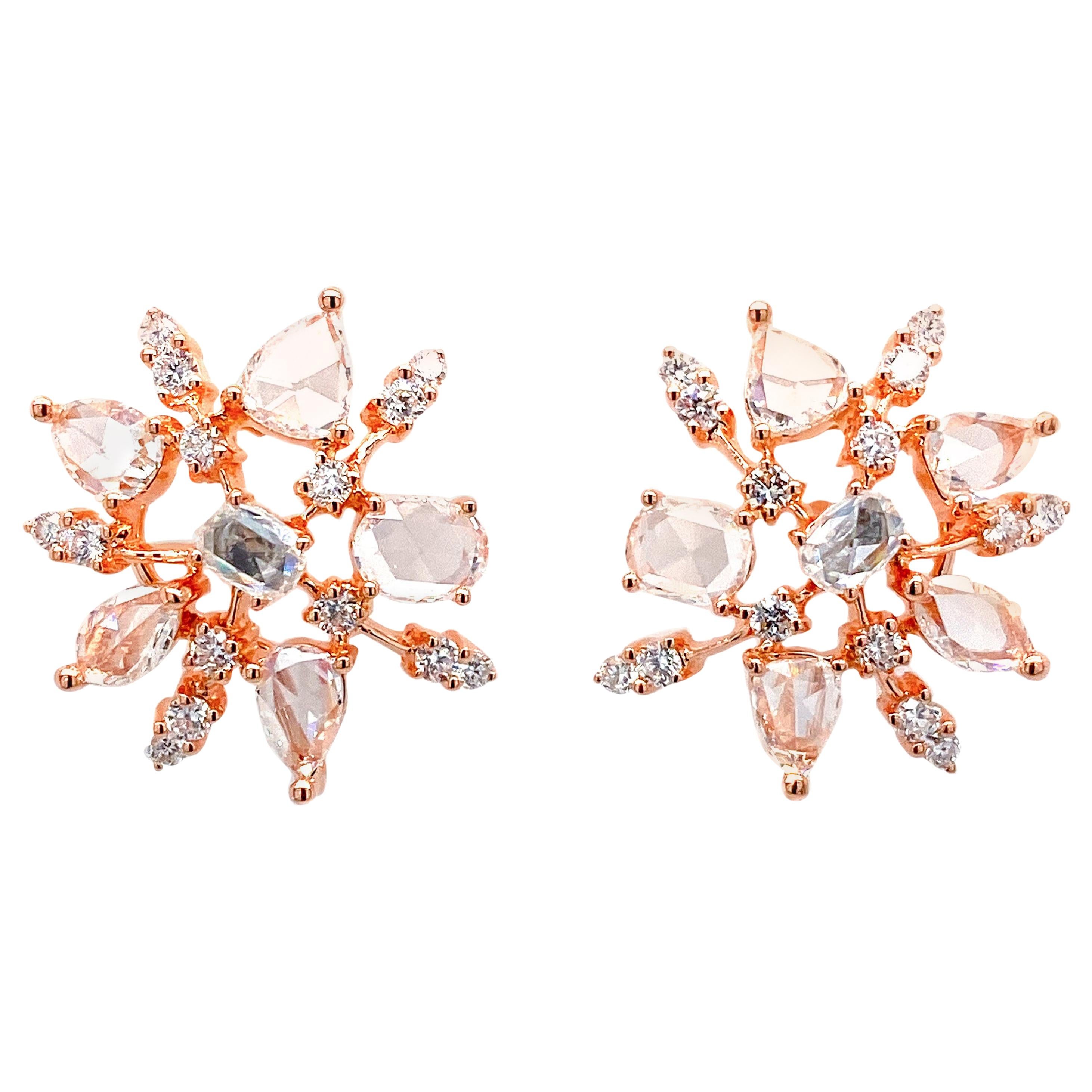 Spark Motif White Diamond Earrings by Dilys’ in 18 Karat Rose Gold For Sale