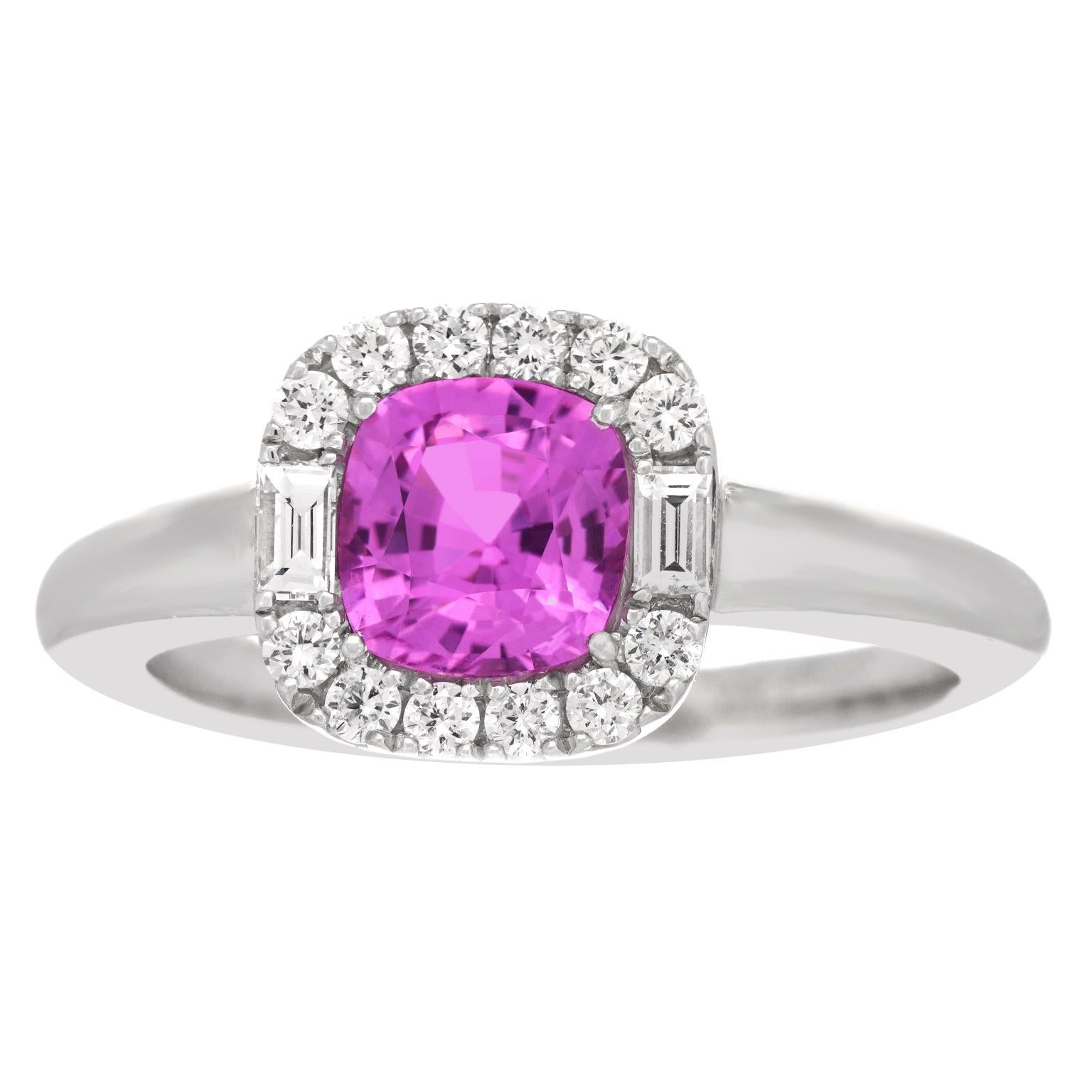Cushion Cut Spark Pink Sapphire & Diamond Ring For Sale
