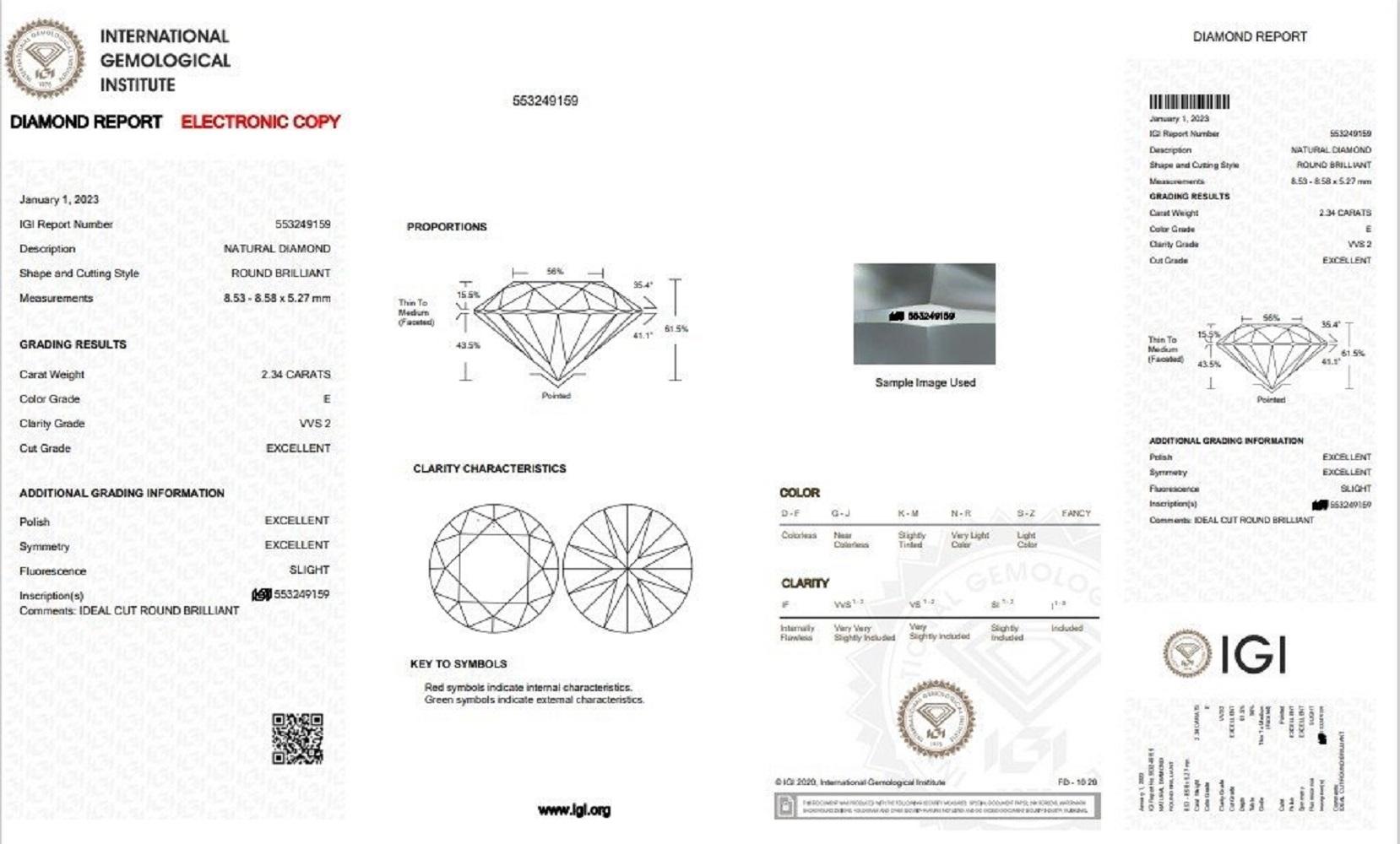 Taille ronde 1 diamant naturel scintillant de 2,34 carats  Certificat rond E VVS2 IGI en vente