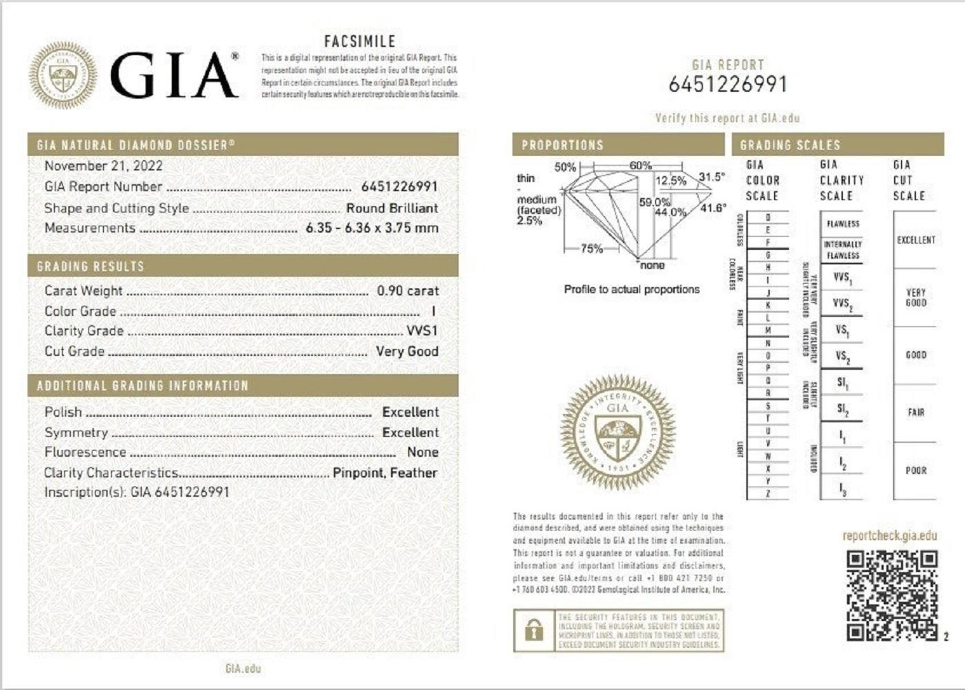 Taille ronde Étincelante 1 pièce diamant naturel avec certificat GIA de 0,90 ct rond I VVS1 en vente