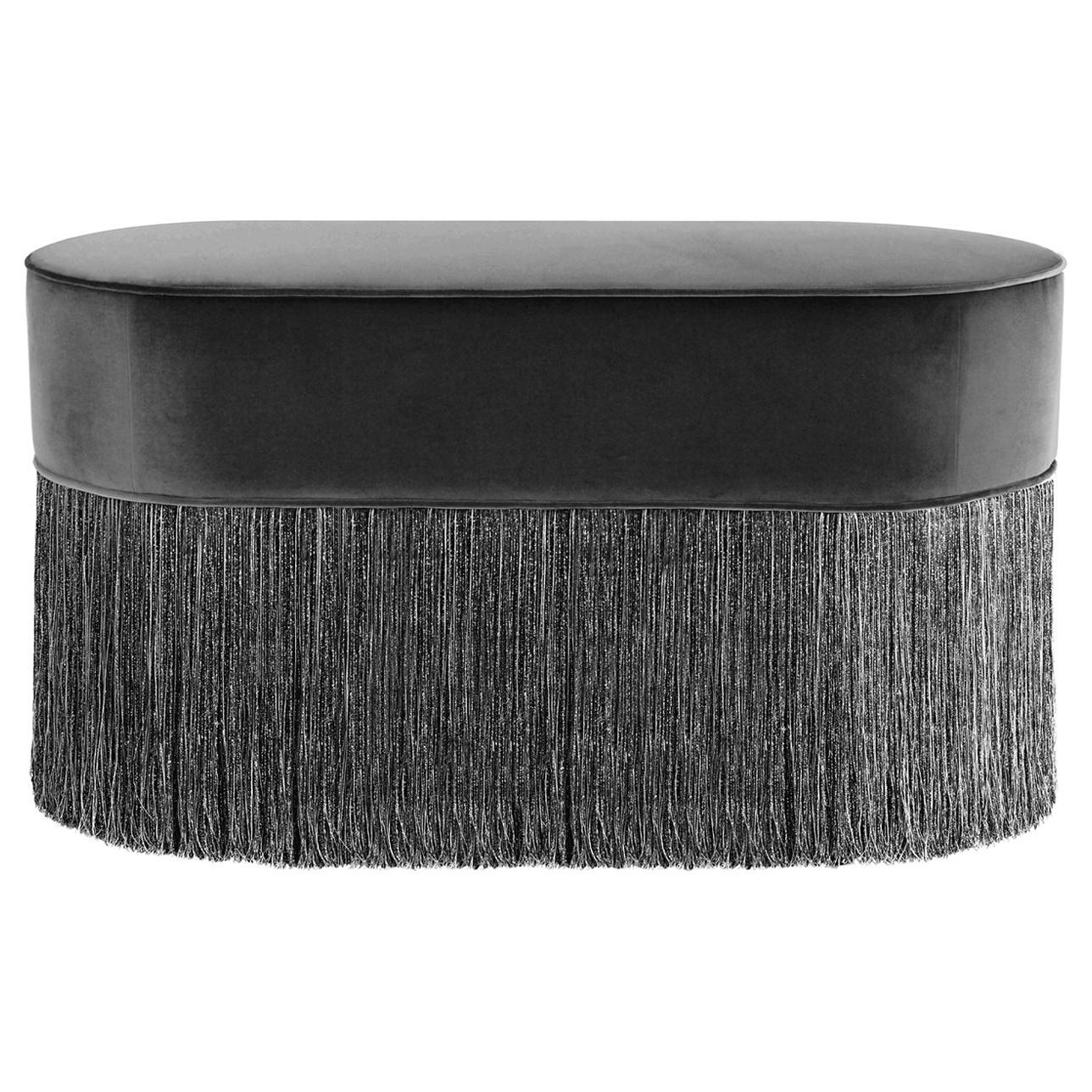 Sparkle Black Oval Ottoman with Black and Silver Fringe For Sale