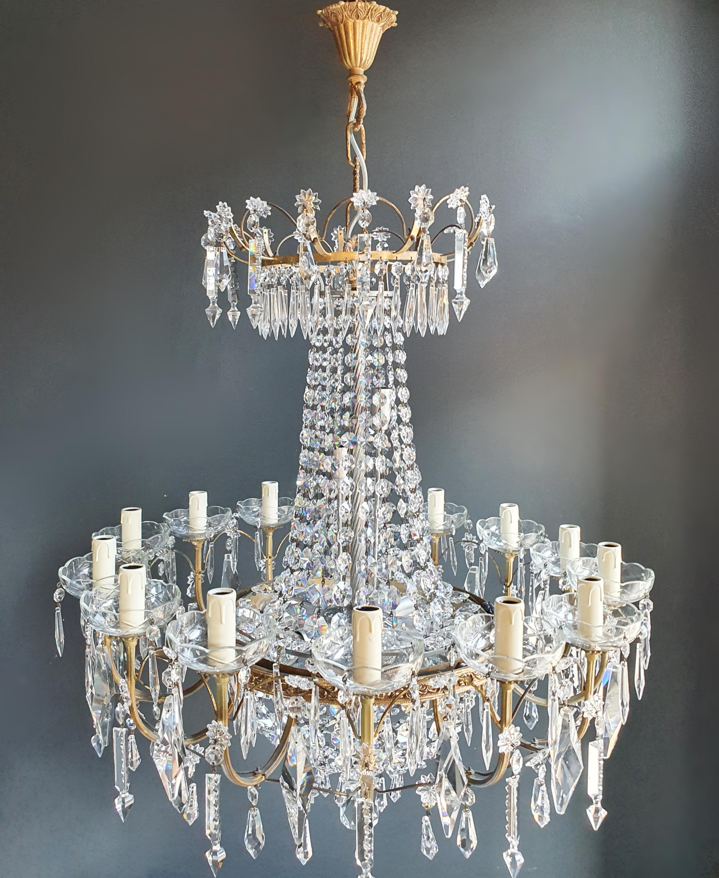 old chandelier with love and professionally restored in Berlin. electrical wiring works in the US. Re-wired and ready to hang. not one missing. Cabling completely renewed. Crystal, hand-knotted.

Measures: Total height 99 cm, height without chain 85