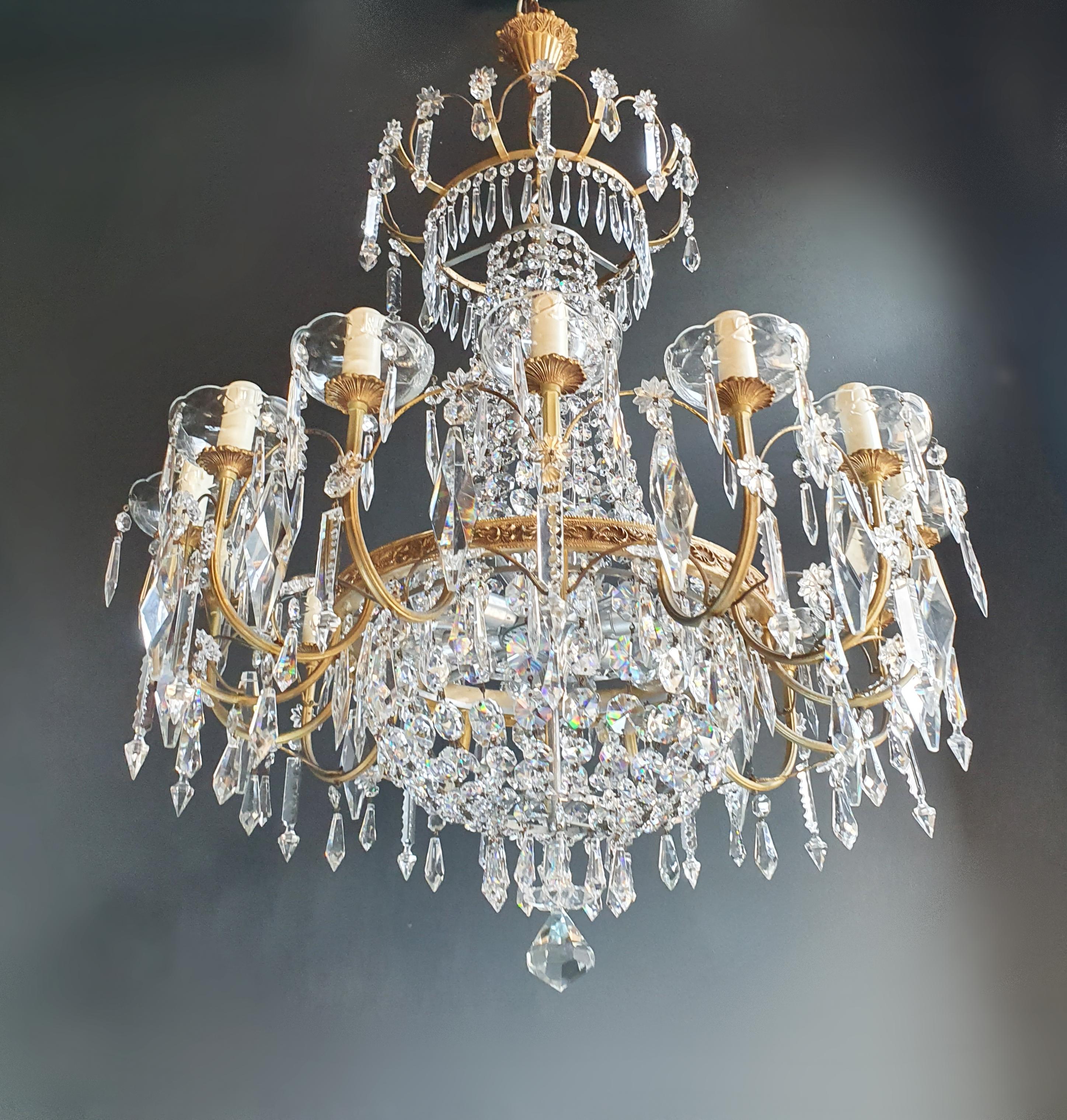 Hand-Knotted Sparkle Empire Sac a Pearl Chandelier Crystal Gold Basket Antique Brass Classic