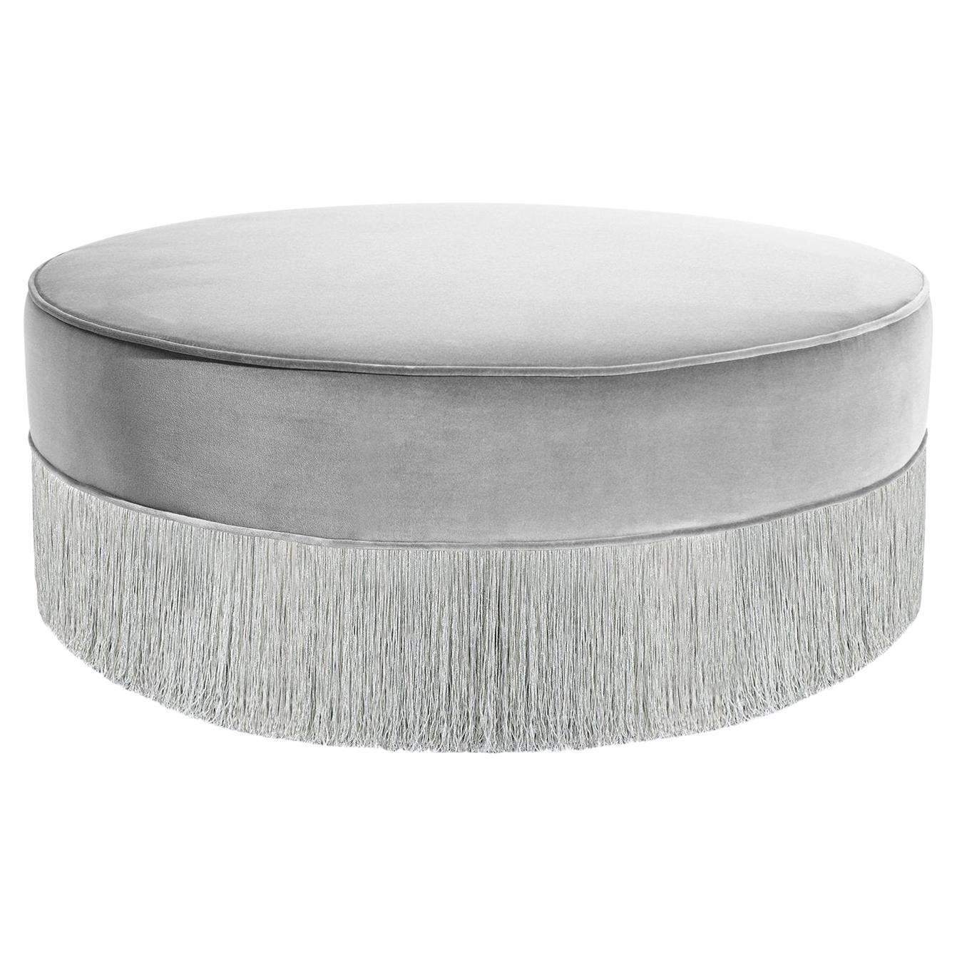 Sparkle Gray Ottoman with Silver Fringe