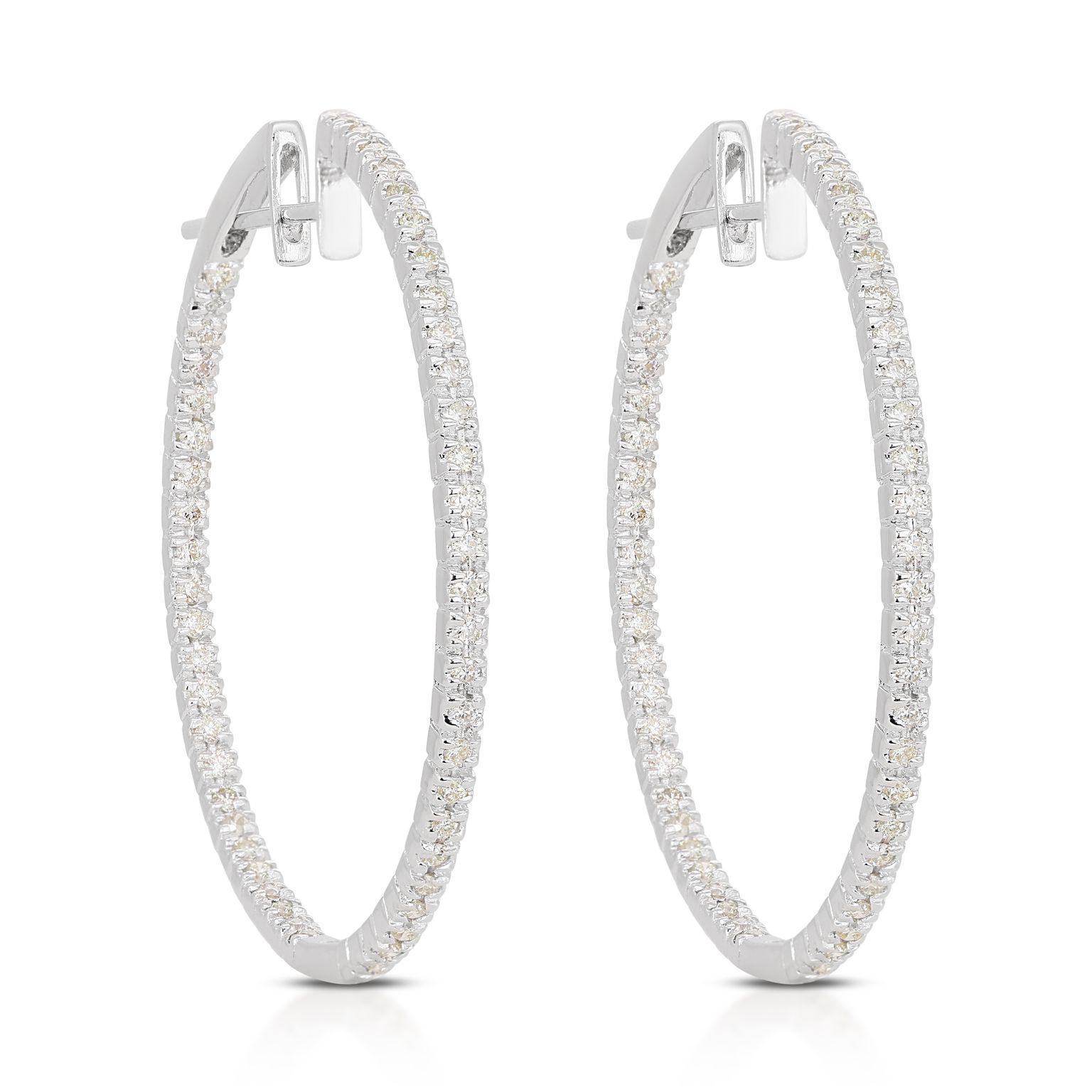 Round Cut Sparkling 0.51ct Diamond Hoop Earrings in 18K White Gold For Sale