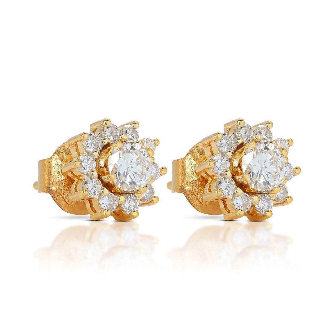 Round Cut Sparkling 0.78ct Flower Diamond Earrings set in 22K Yellow Gold