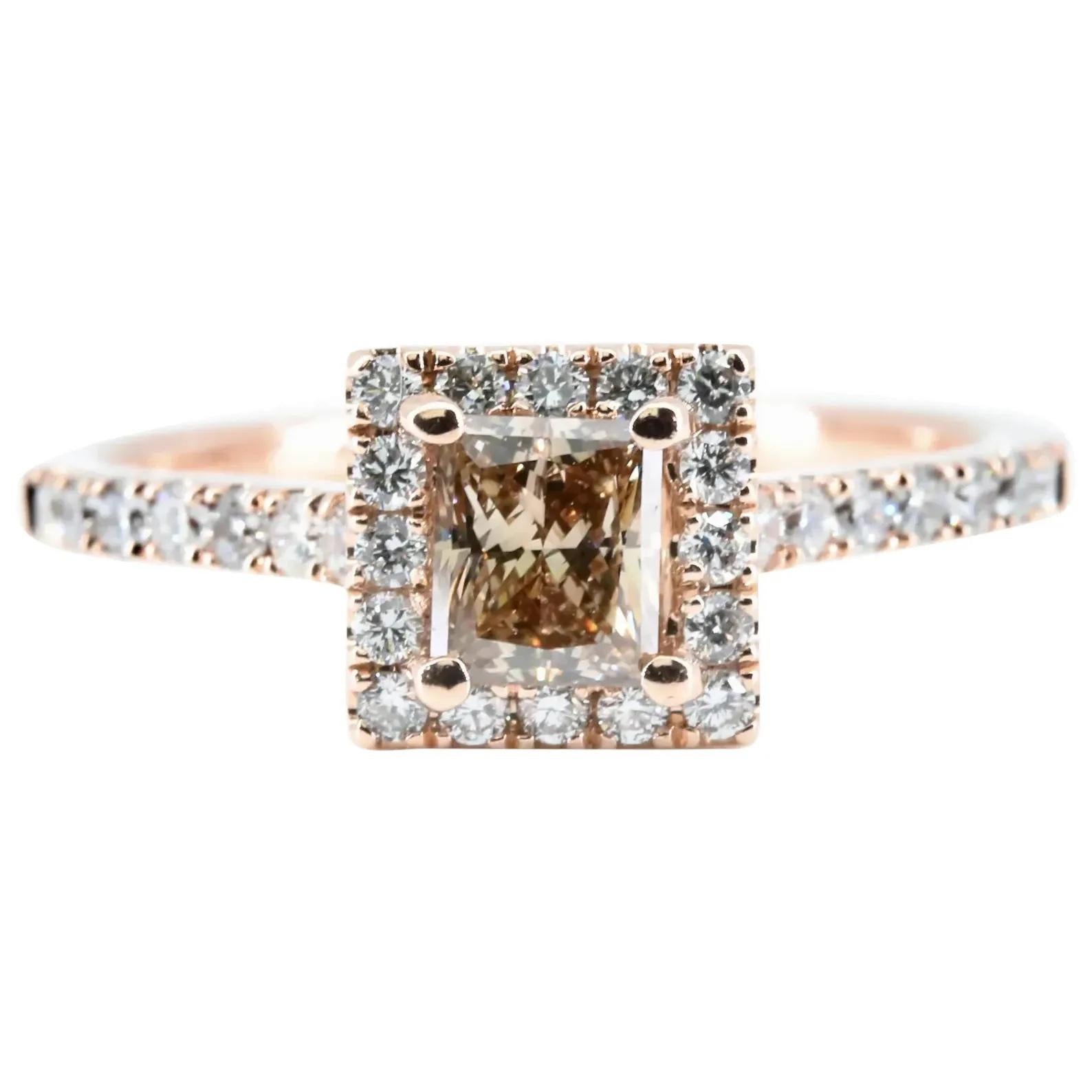  Sparkling 0.97 CTW Champagne & Colorless Diamond Engagement Ring in Rose Gold For Sale