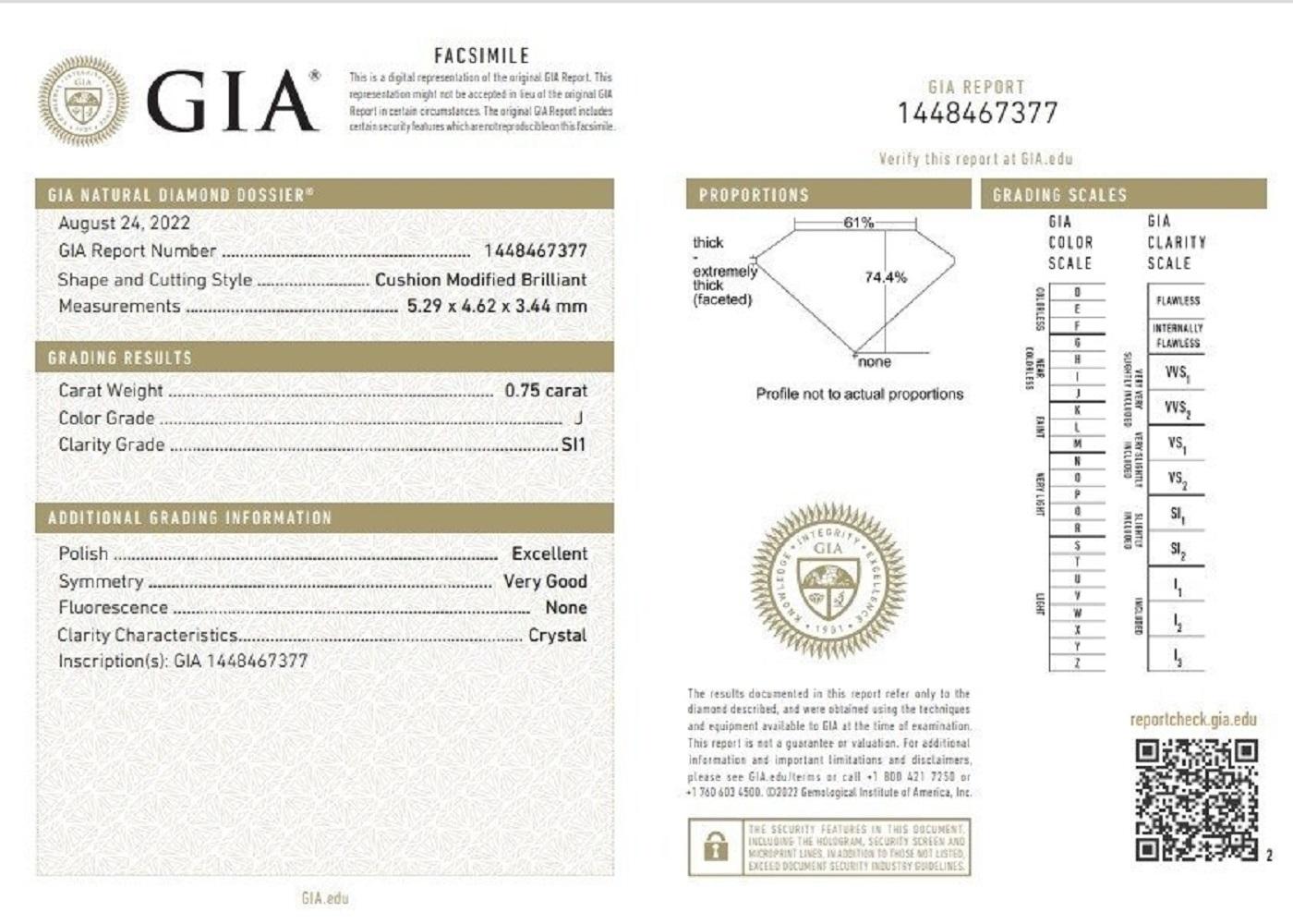 Taille coussin Étincelant 1 pièce Diamant naturel 0,75 ct  Coussin  Certificat GIA J SI1 en vente