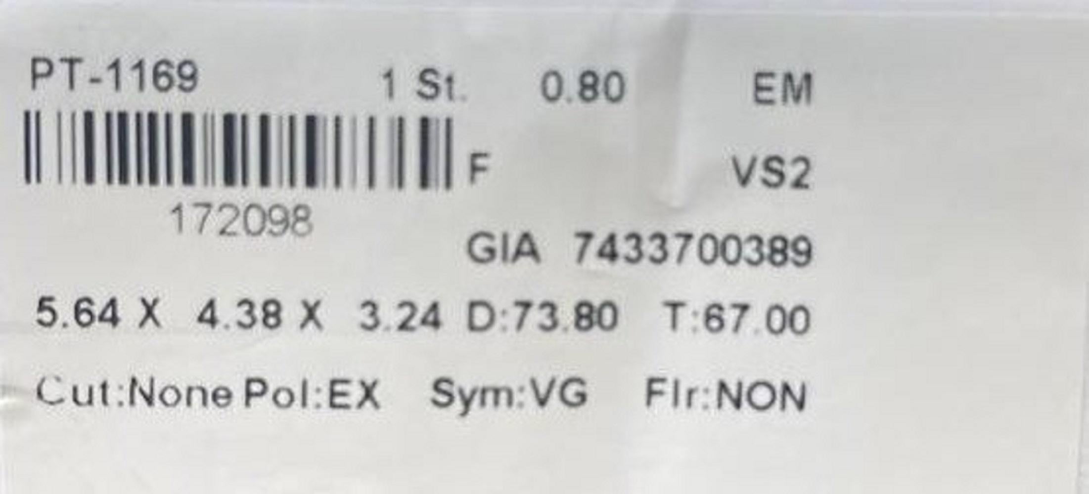 Pétillant 1 pc Naturel  Certificat GIA en diamant taille émeraude de 0,80 carat F VS2 Neuf - En vente à רמת גן, IL