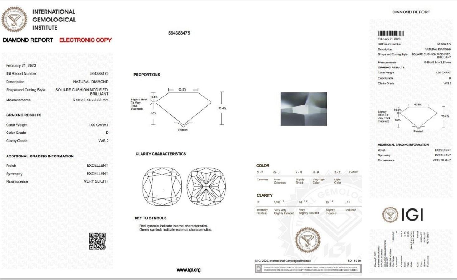Cushion Cut Sparkling 1 pc Natural Diamond 1.00ct Cushion D VS2 IGI Certificate