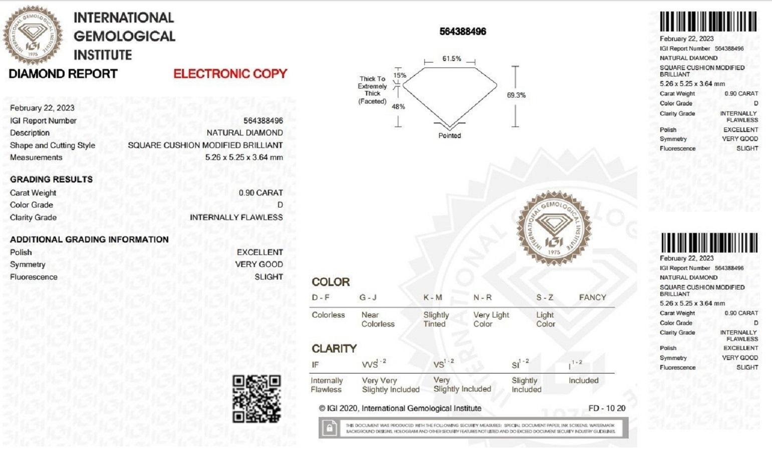 Cushion Cut Sparkling 1 pc Natural Diamond with 0.90 Carat Cushion D IF IGI Certificate