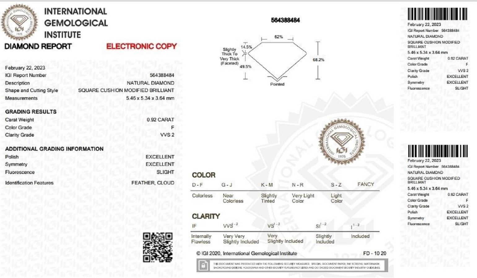 Cushion Cut Sparkling 1 Pc Natural Diamond w/ 0.92ct Cushion F VVS2 IGI Certificate