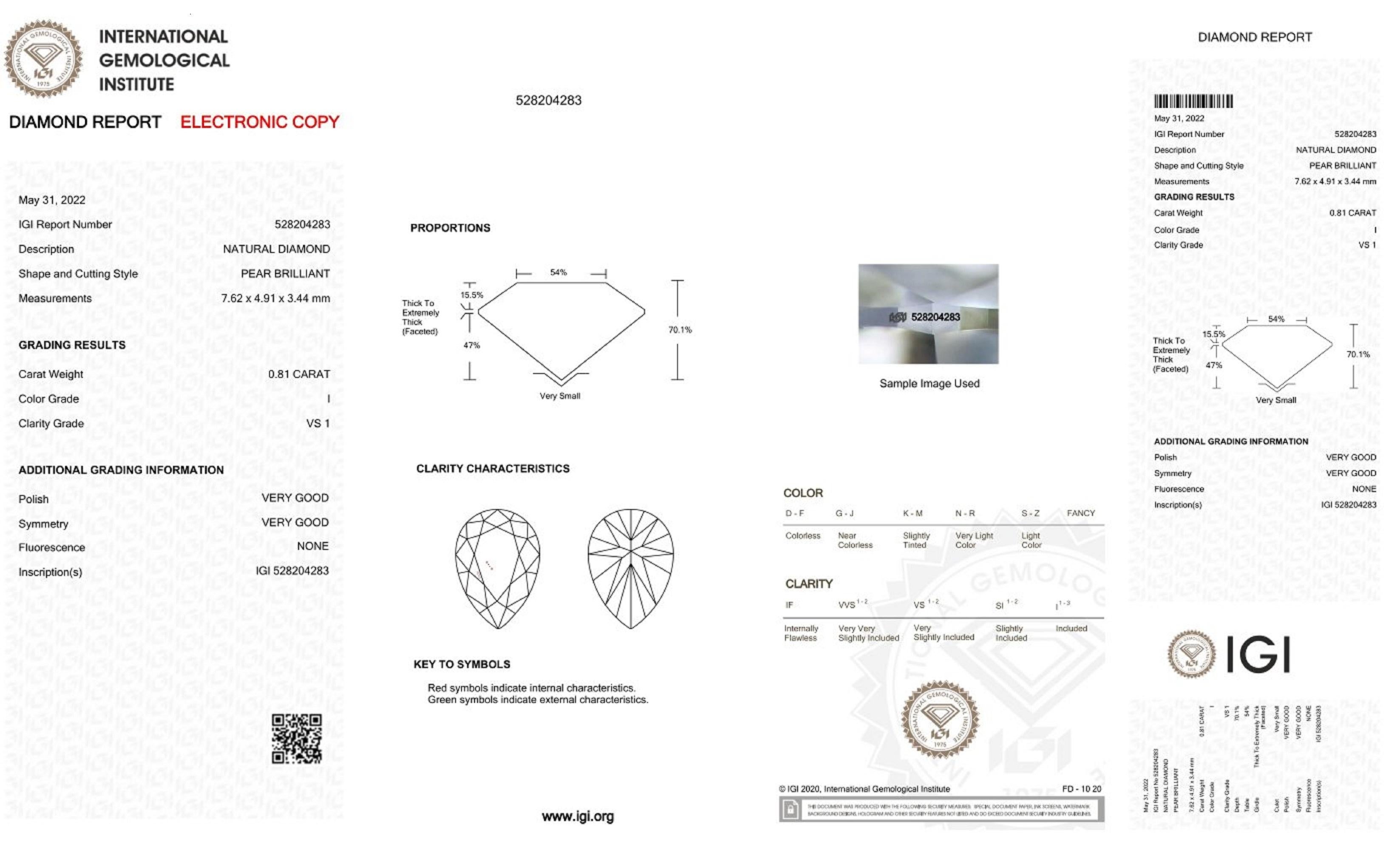 Taille poire 1 diamant naturel scintillant de 0,81 carat I VS1 - Certificat IGI en vente