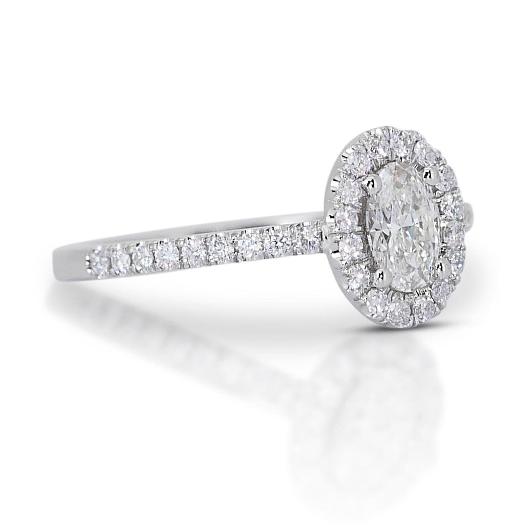 Oval Cut Sparkling 1.00ct Oval Diamond Halo Ring in 18k White Gold - GIA Certified