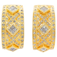 Pendientes geométricos de diamantes naturales de oro amarillo de 18 quilates, con forma de aro y brillantes 1,15 quilates