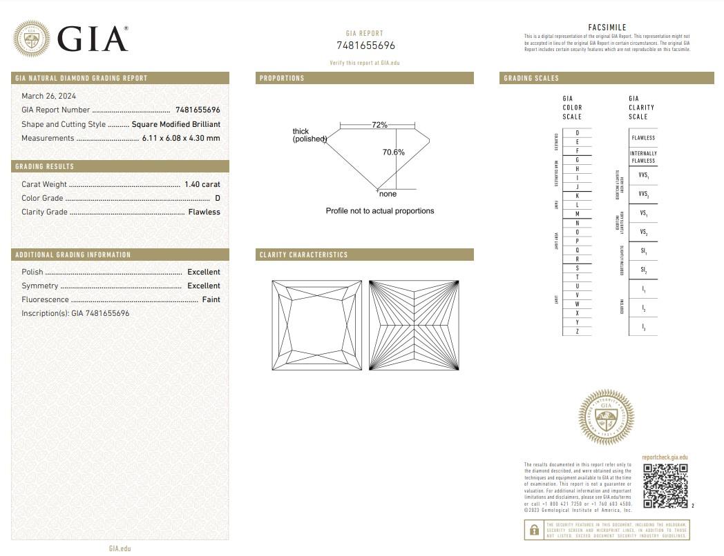 Scintillante diamante a forma quadrata con taglio ideale da 1,40 carati - Certificato GIA

Prova l'epitome della perfezione del diamante con questo solitario quadrato da 1,40 carati, rinomato per il suo colore e la sua chiarezza ineguagliabili.
