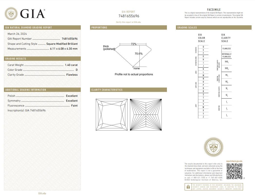 Sparkling 1.40ct Ideal Cut Square-Shaped Diamond - GIA Certified

Experience the epitome of diamond perfection with this 1.40-carat square diamond solitaire, renowned for its unmatched color and clarity. Certified by the GIA, this exquisite diamond