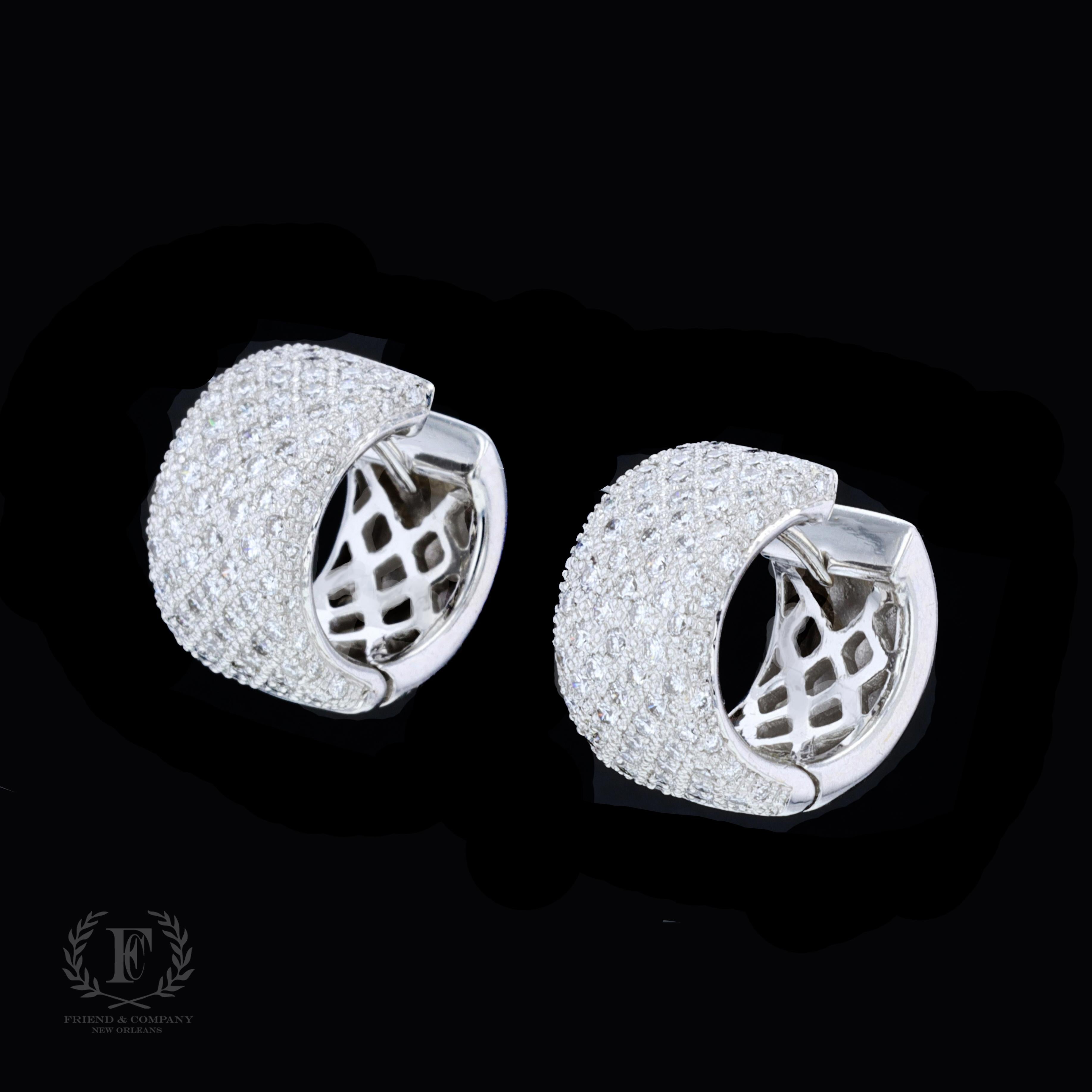 Retro Sparkling 14k White Gold Diamond Hoop Earrings For Sale