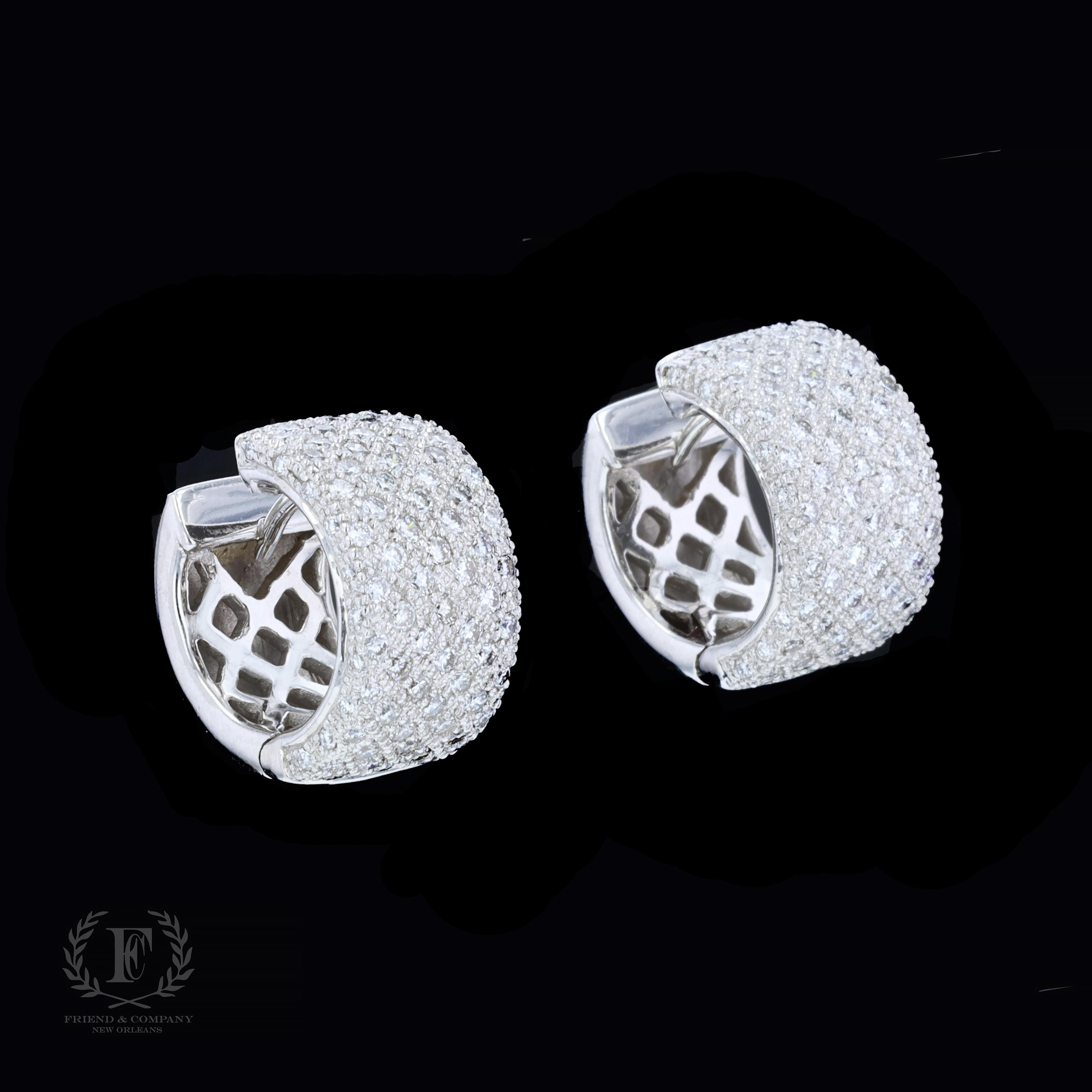 Round Cut Sparkling 14k White Gold Diamond Hoop Earrings For Sale
