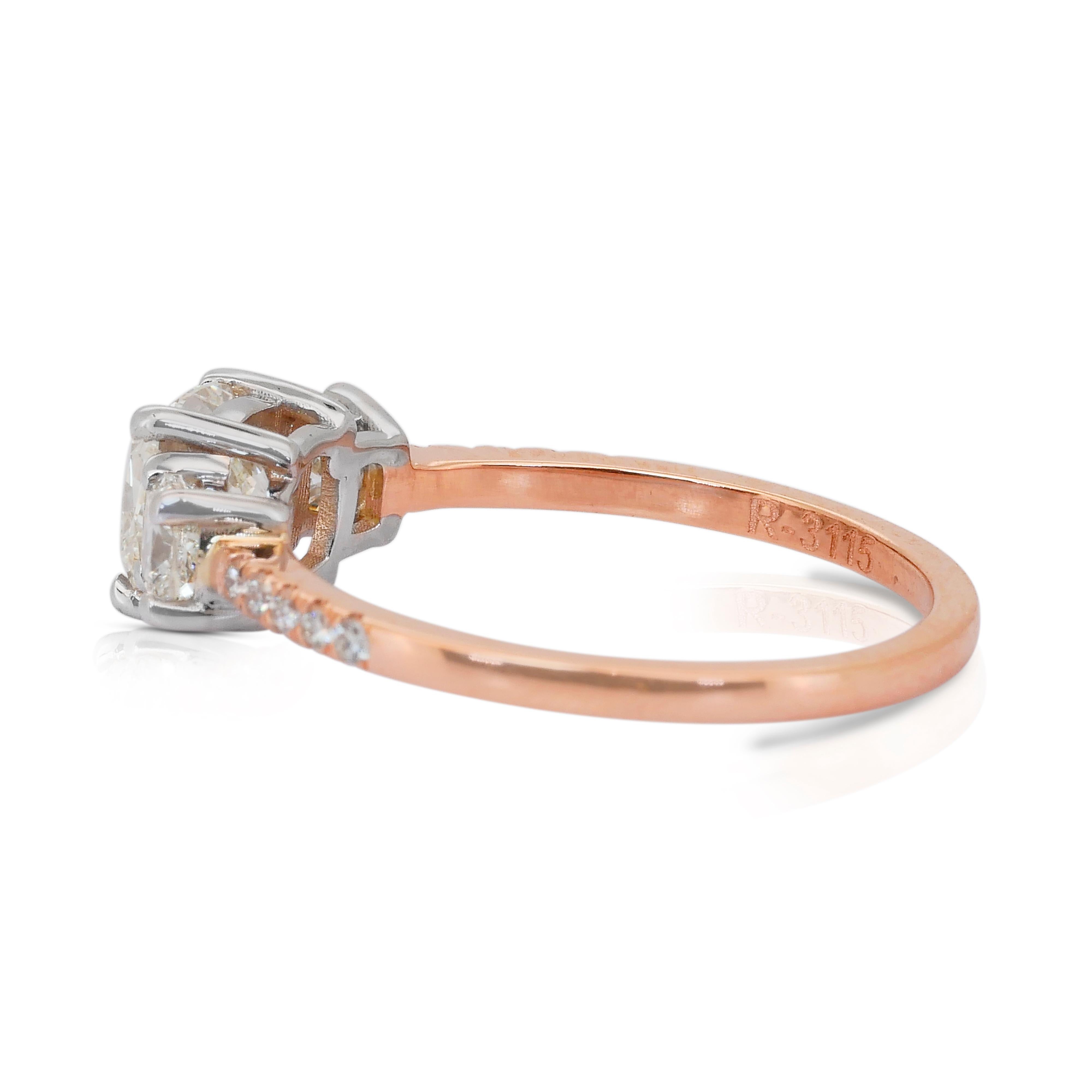 Funkelnde 1,59ct Diamanten 3-Stein-Ring in 18k Rose & Weißgold - IGI zertifiziert im Angebot 1