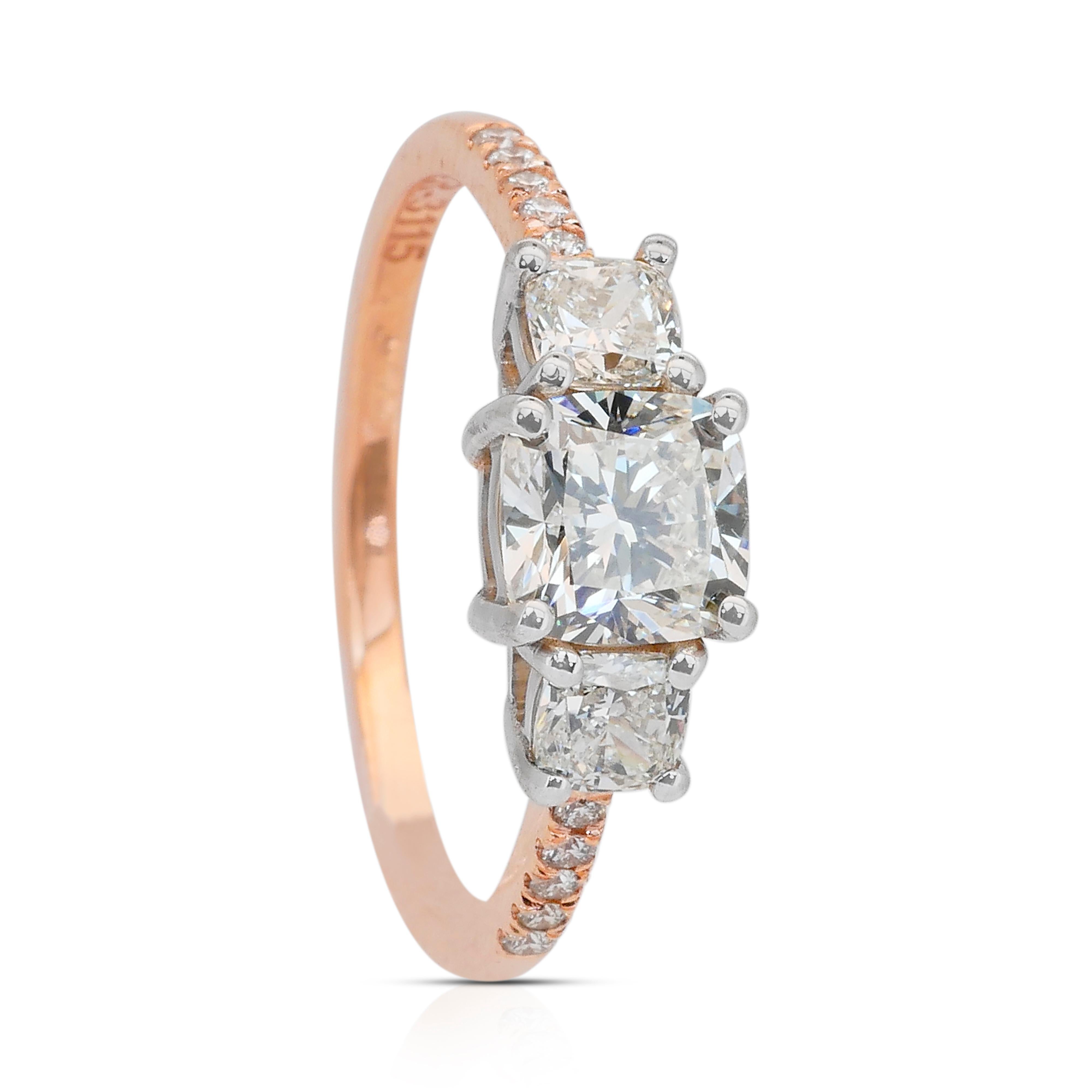 Funkelnde 1,59ct Diamanten 3-Stein-Ring in 18k Rose & Weißgold - IGI zertifiziert im Angebot 3