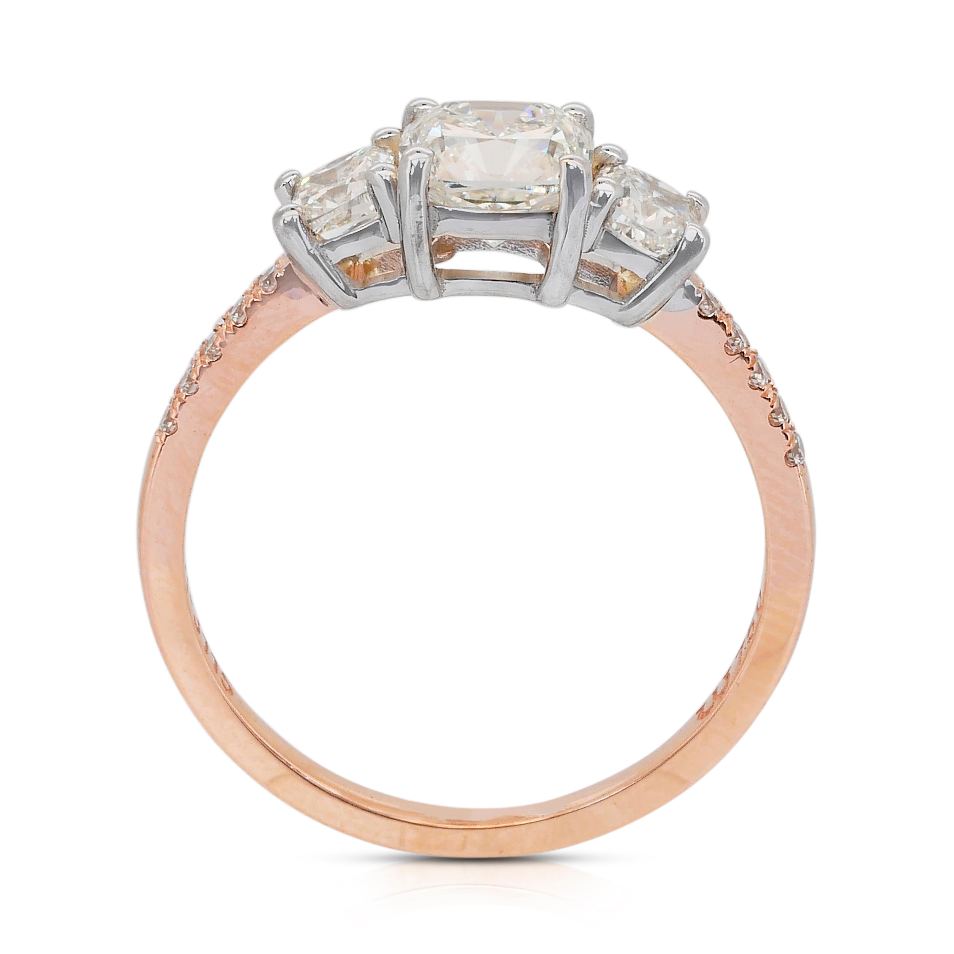 Funkelnde 1,59ct Diamanten 3-Stein-Ring in 18k Rose & Weißgold - IGI zertifiziert im Angebot 4