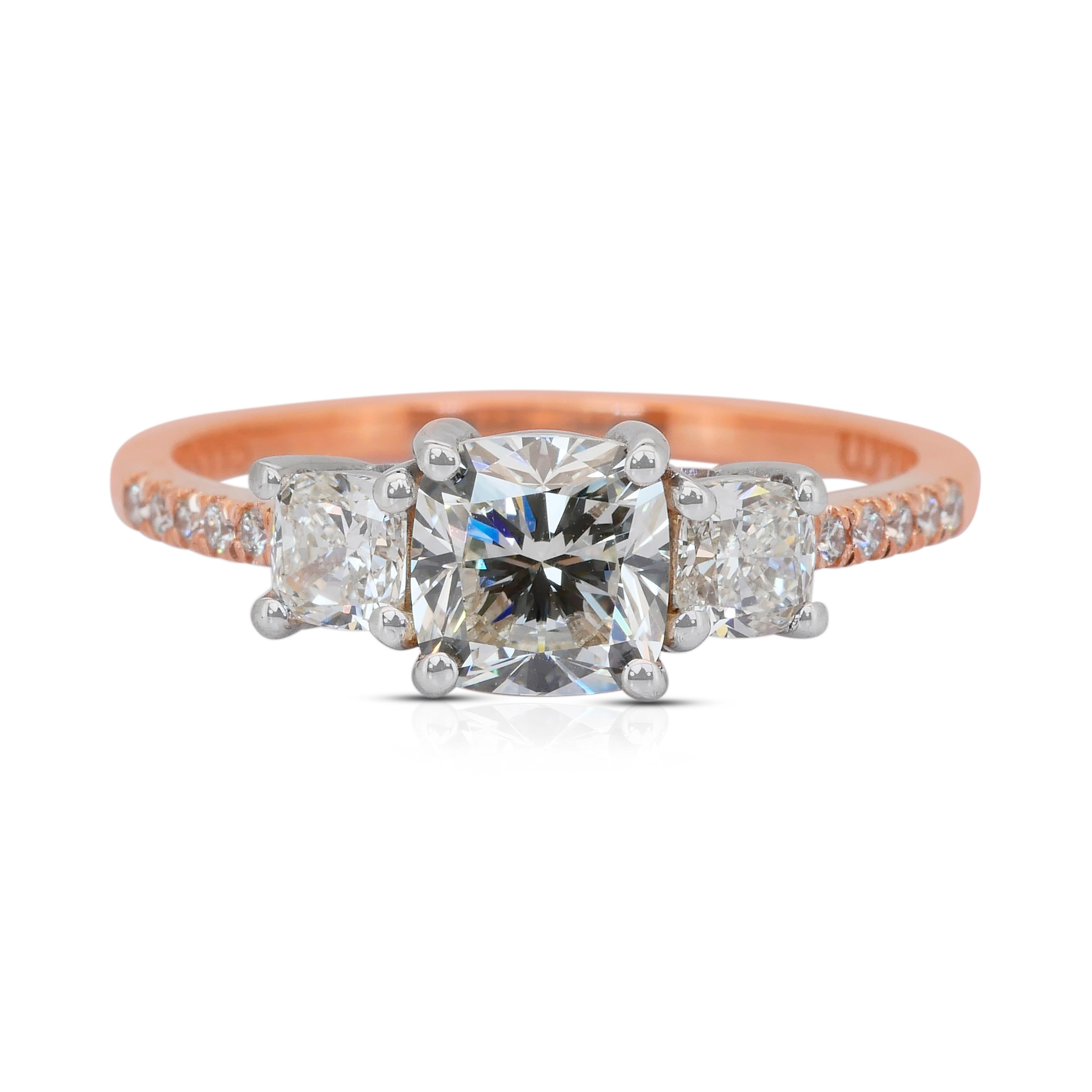 Funkelnde 1,59ct Diamanten 3-Stein-Ring in 18k Rose 
Weißgold - IGI zertifiziert