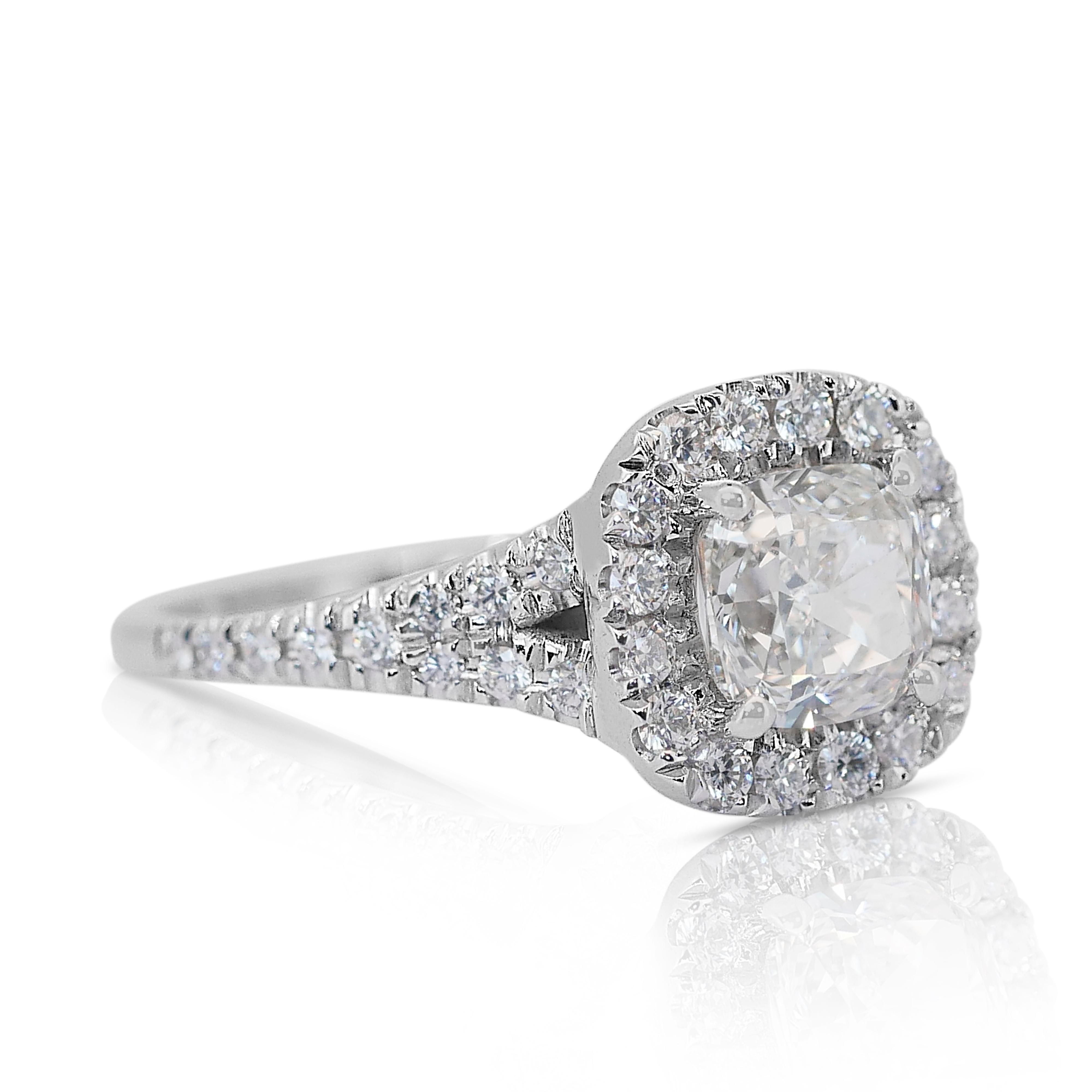 Cushion Cut Sparkling 1.62ct Diamonds Halo Ring in 18k White Gold - IGI Certified