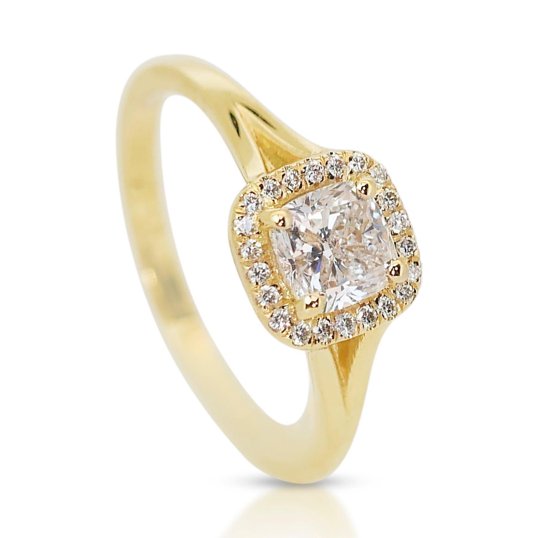 Sparkling 1,63 Karat Diamant-Halo-Ring aus 18 Karat Gelbgold - GIA zertifiziert (Kissenschliff) im Angebot