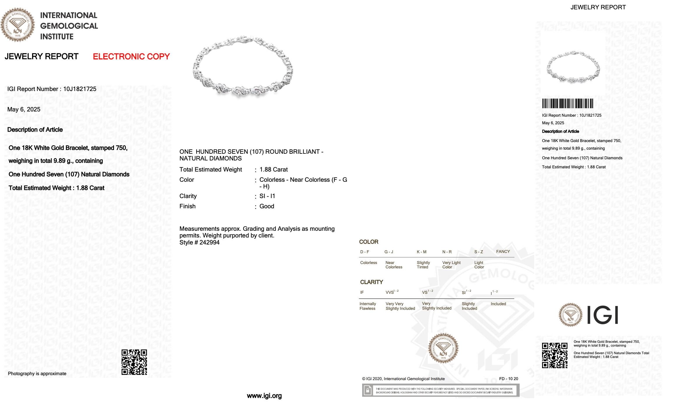 Funkelnde 1,88ct natürliche Diamanten Armband in 18k Weißgold - IGI zertifiziert im Angebot 1
