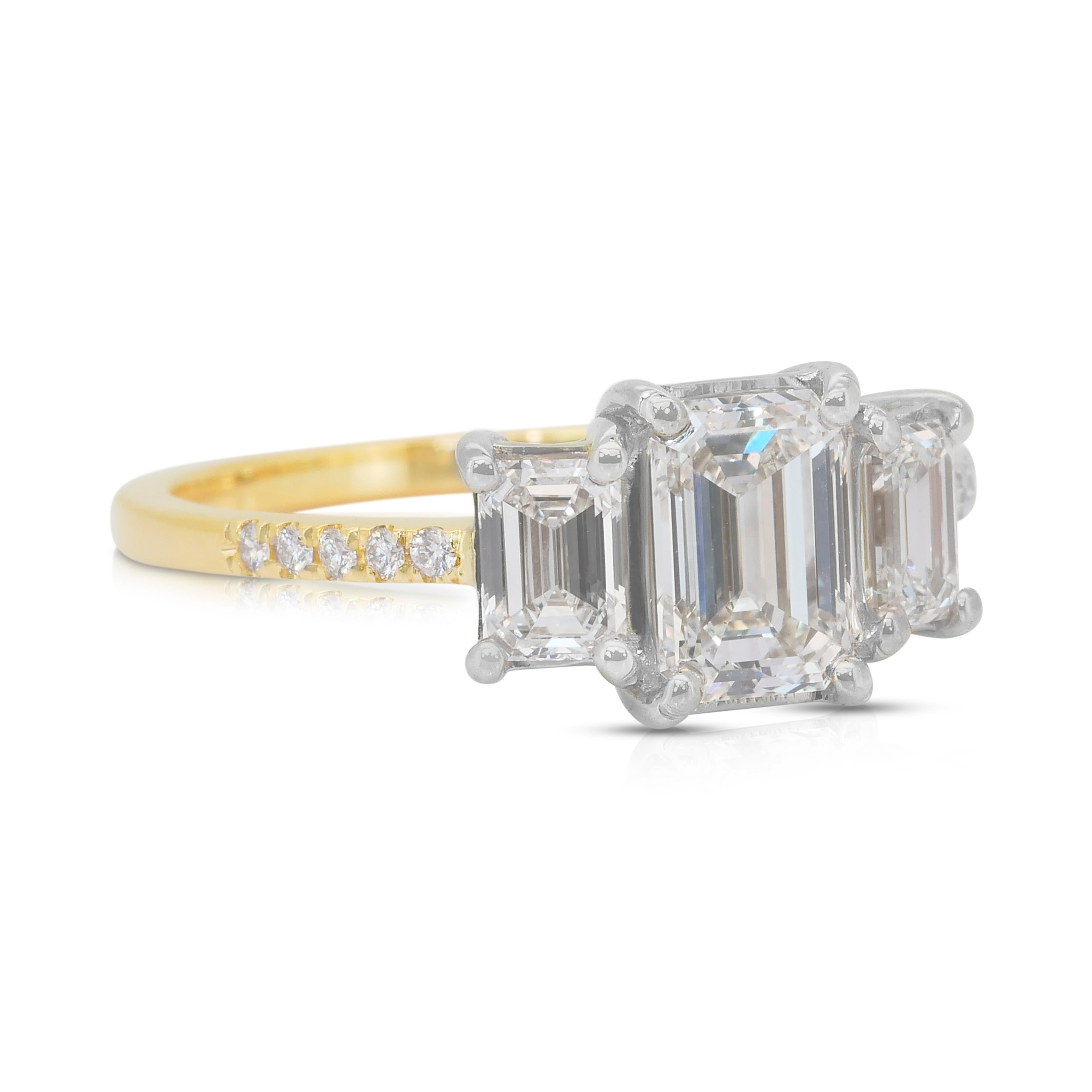 Emerald Cut Sparkling 1.89ct Diamonds 3-Stone Ring in 18k White & Yellow Gold -IGI Certified For Sale