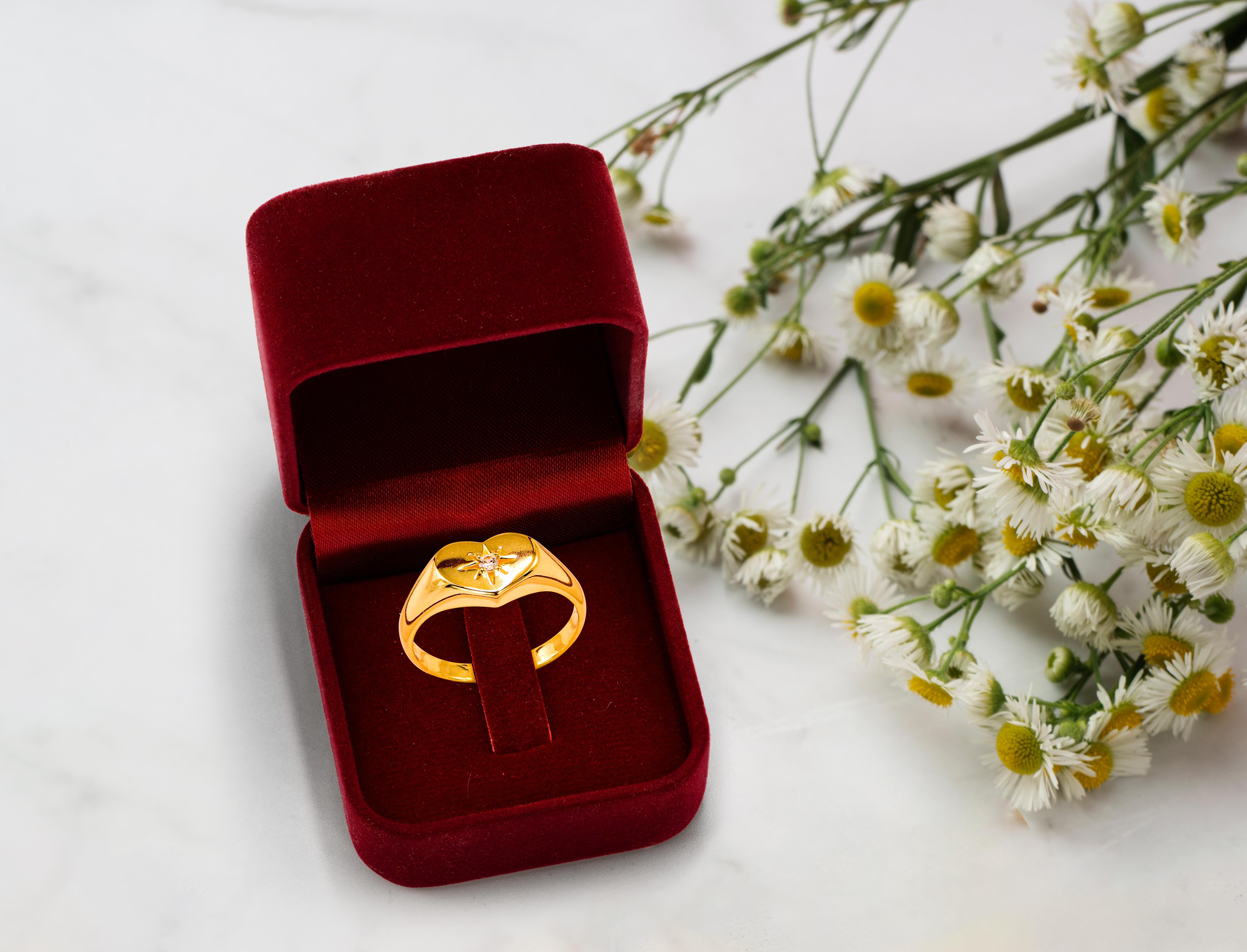 For Sale:  18K Genuine Gold Filled Heart Shape Signet Ring with 0.03 Carat Natural Diamond 7