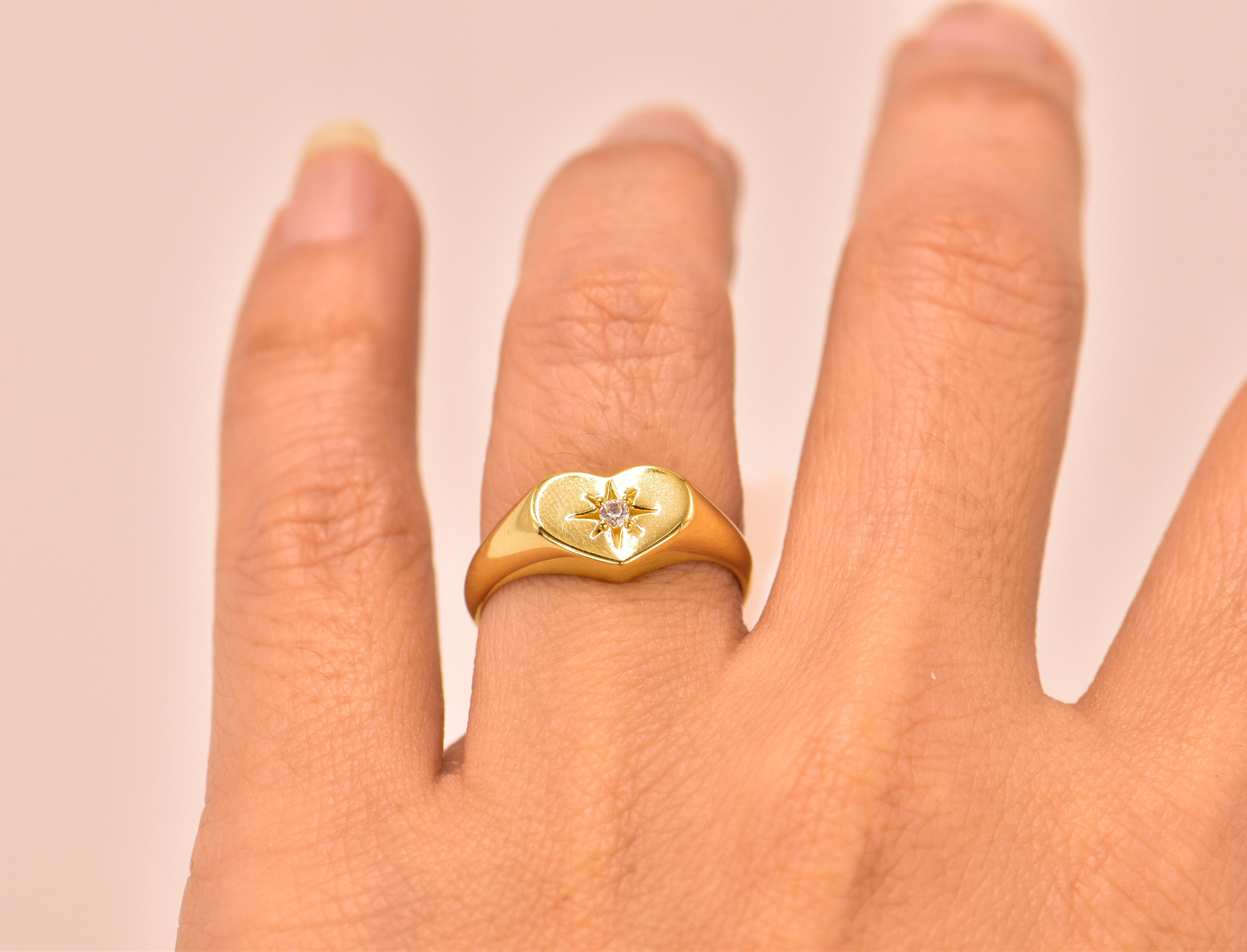 For Sale:  18K Genuine Gold Filled Heart Shape Signet Ring with 0.03 Carat Natural Diamond 8