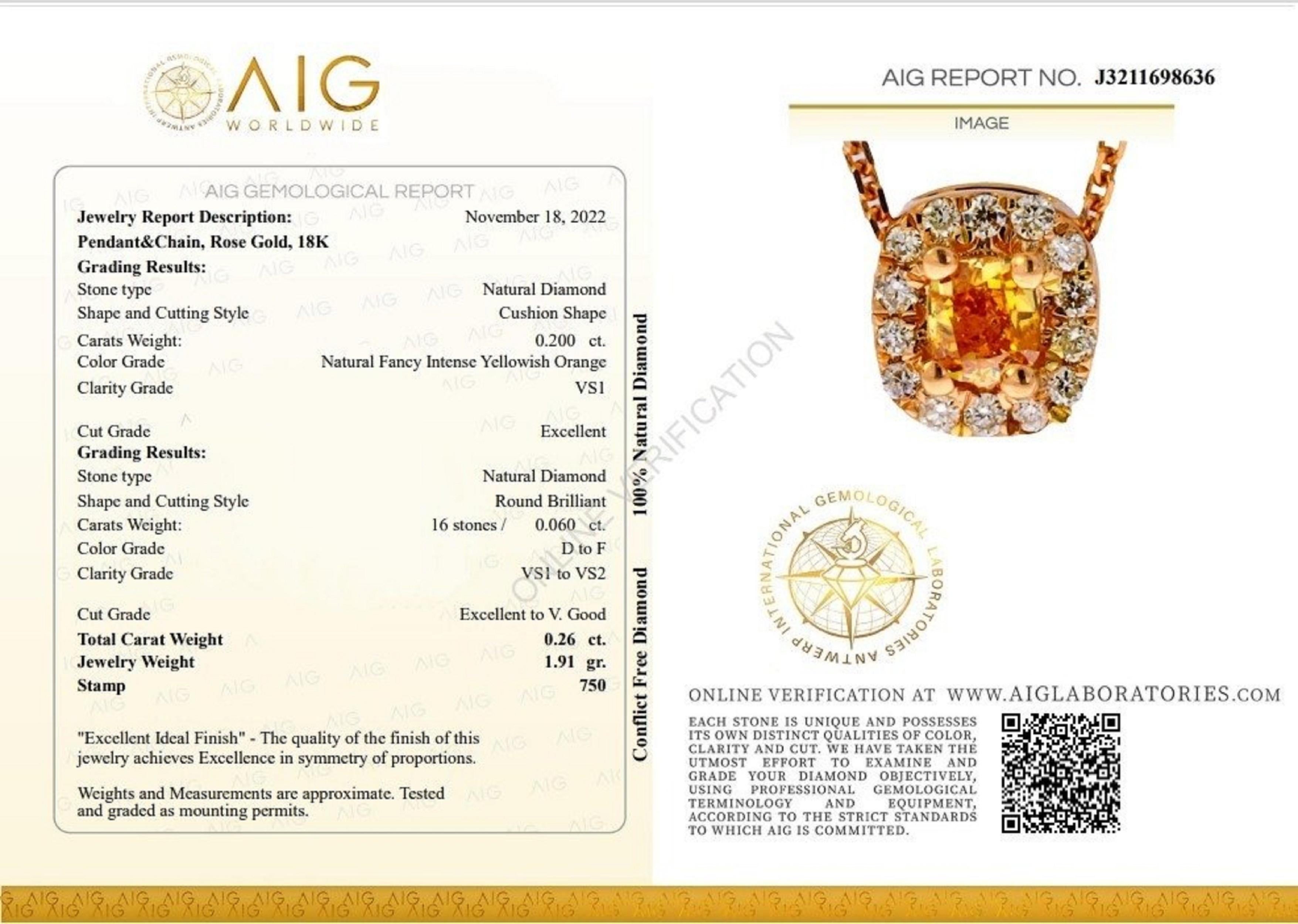 Cushion Cut Sparkling 18k Rose Gold Halo Fancy Necklace 0.26 ct Natural Diamond AIG Cert. For Sale