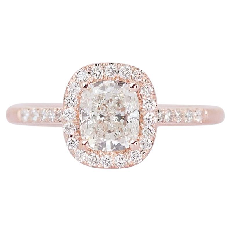 Bague étincelante en or rose 18 carats avec halo de diamants naturels de 1,69 carat - certifiée GIA en vente