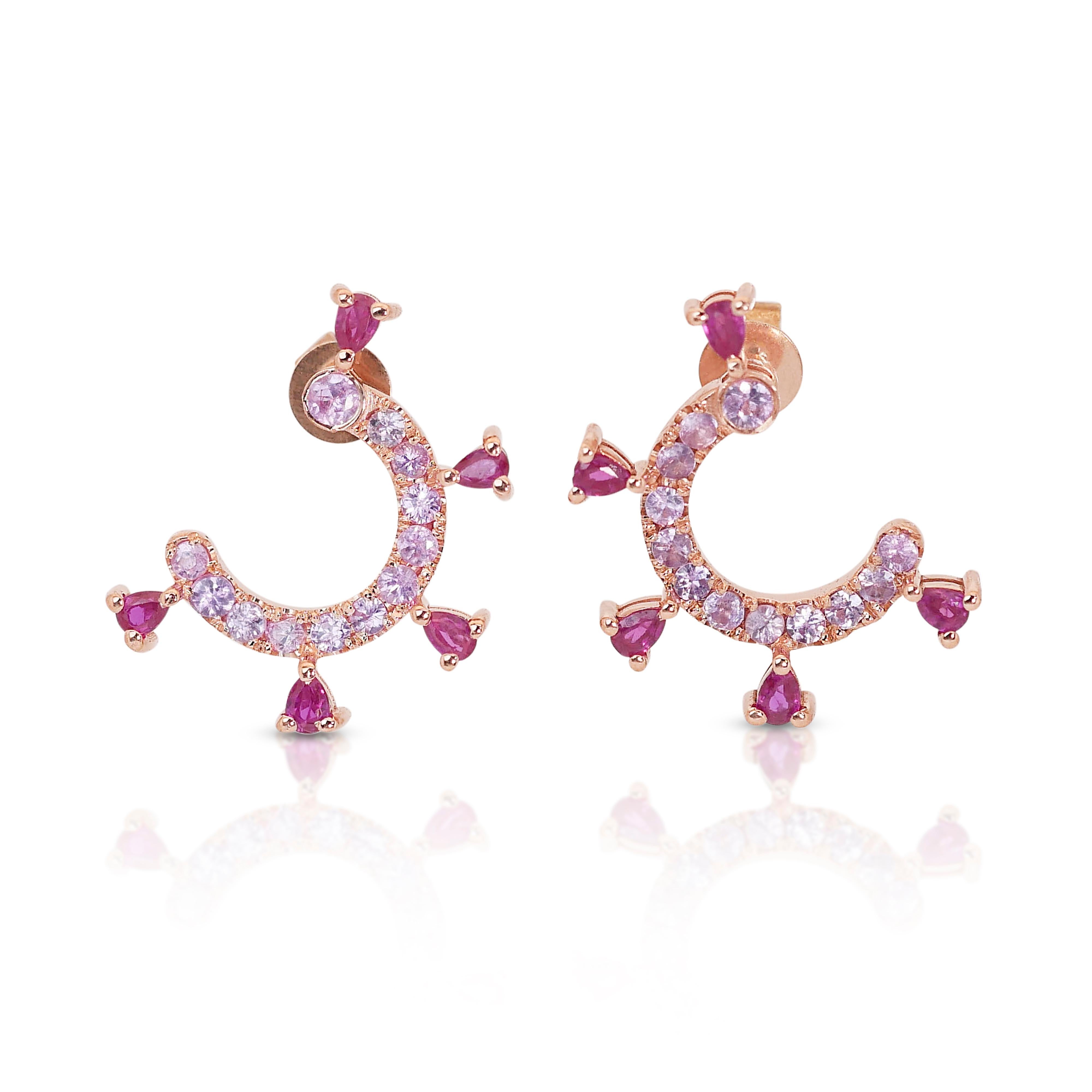Brilliant Cut Sparkling 18K Rose Gold Ruby & Sapphire Hoop Earrings w/ 1.88 ct - AIG Certified For Sale