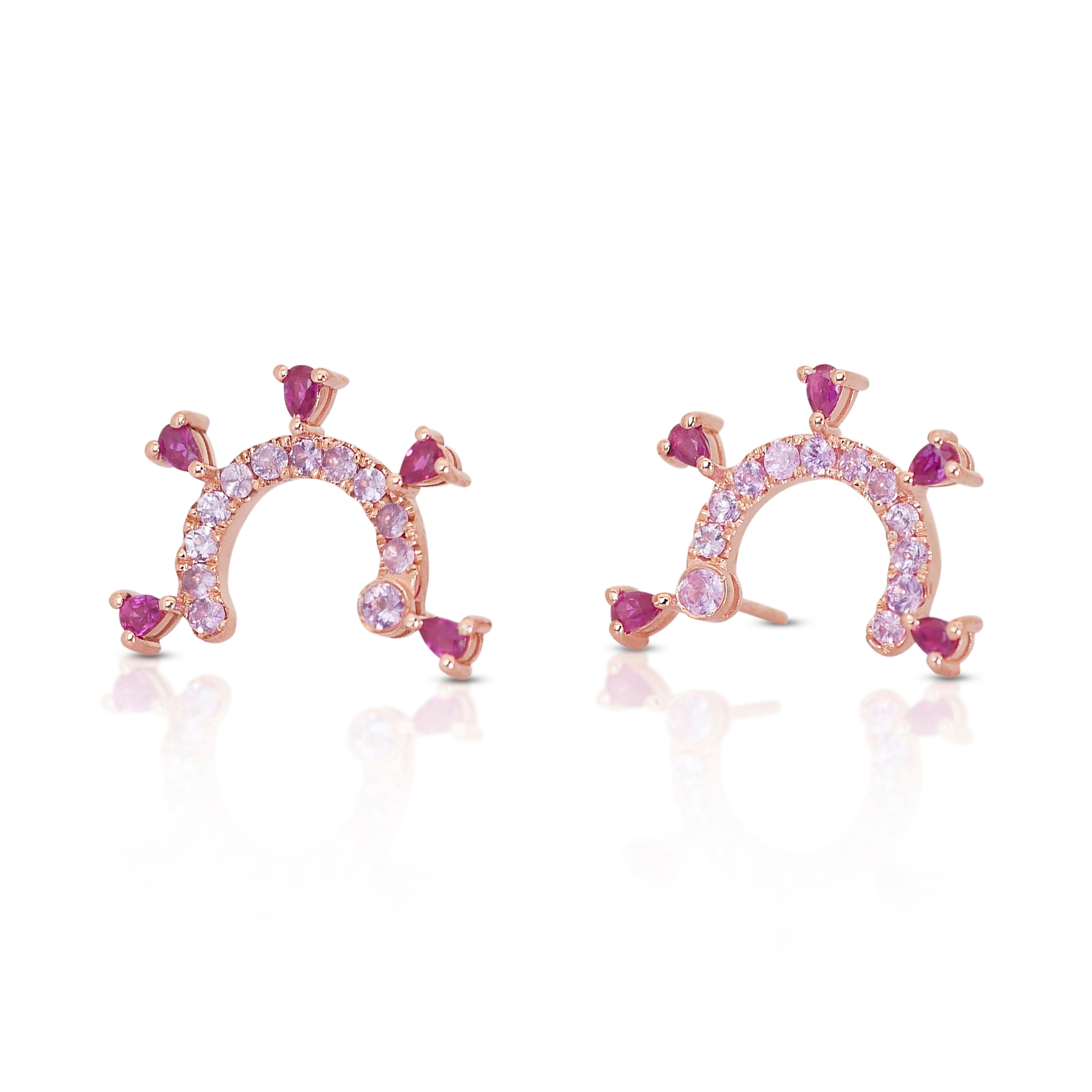 Sparkling 18K Rose Gold Ruby & Sapphire Hoop Earrings w/ 1.88 ct - AIG Certified For Sale 2