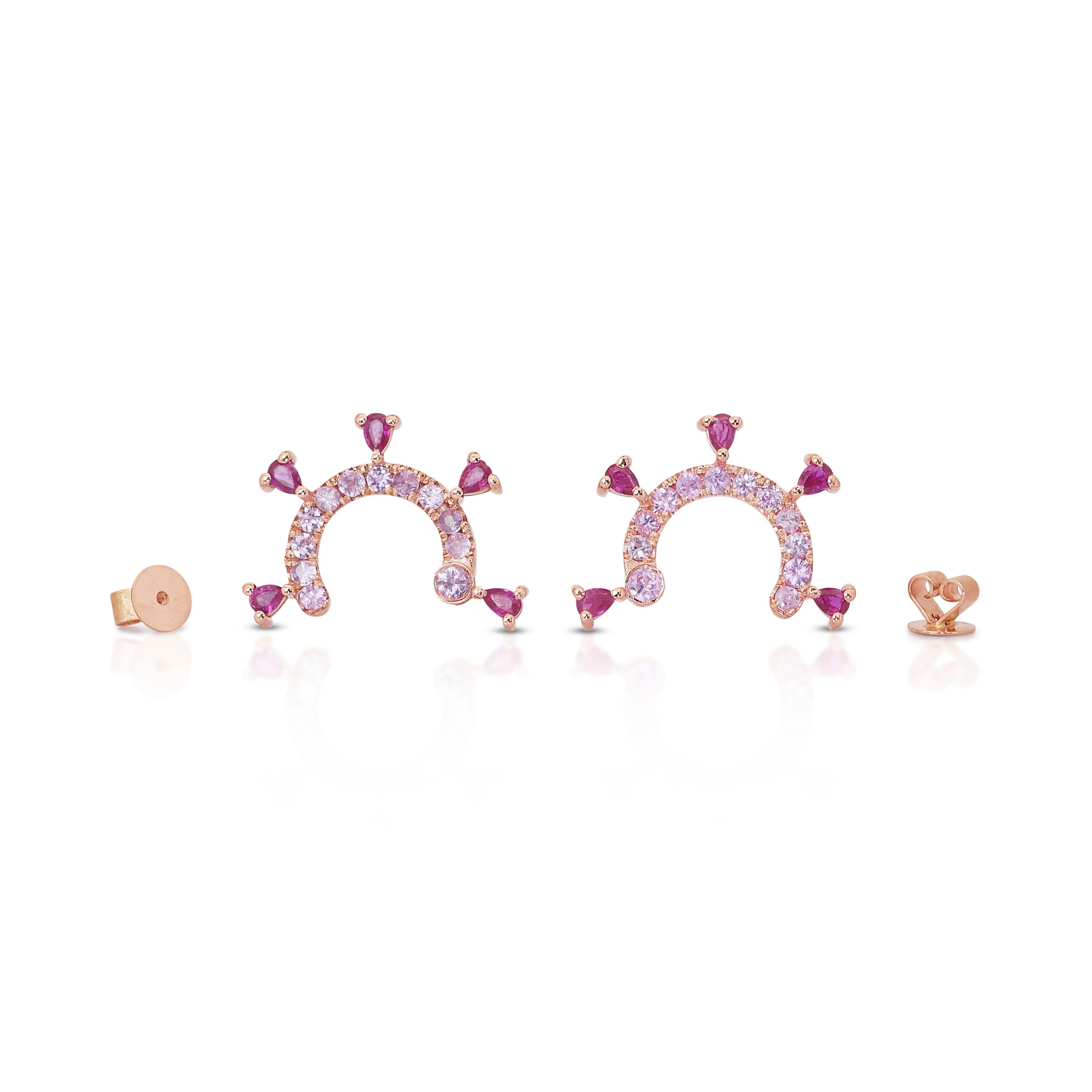 Sparkling 18K Rose Gold Ruby & Sapphire Hoop Earrings w/ 1.88 ct - AIG Certified For Sale 3